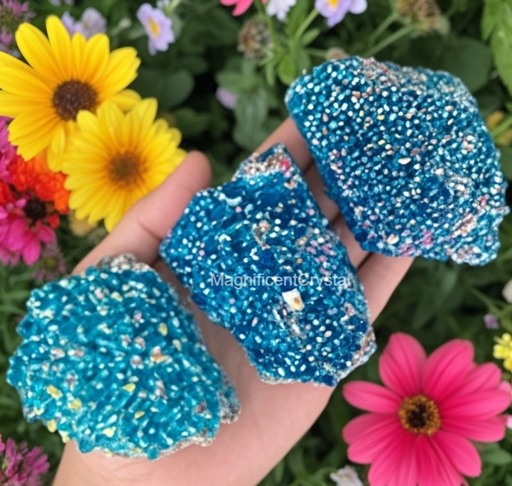 Titanium Aura Blue Quartz Crystal Healing Rainbow Cluster Geode Home Decor Gift