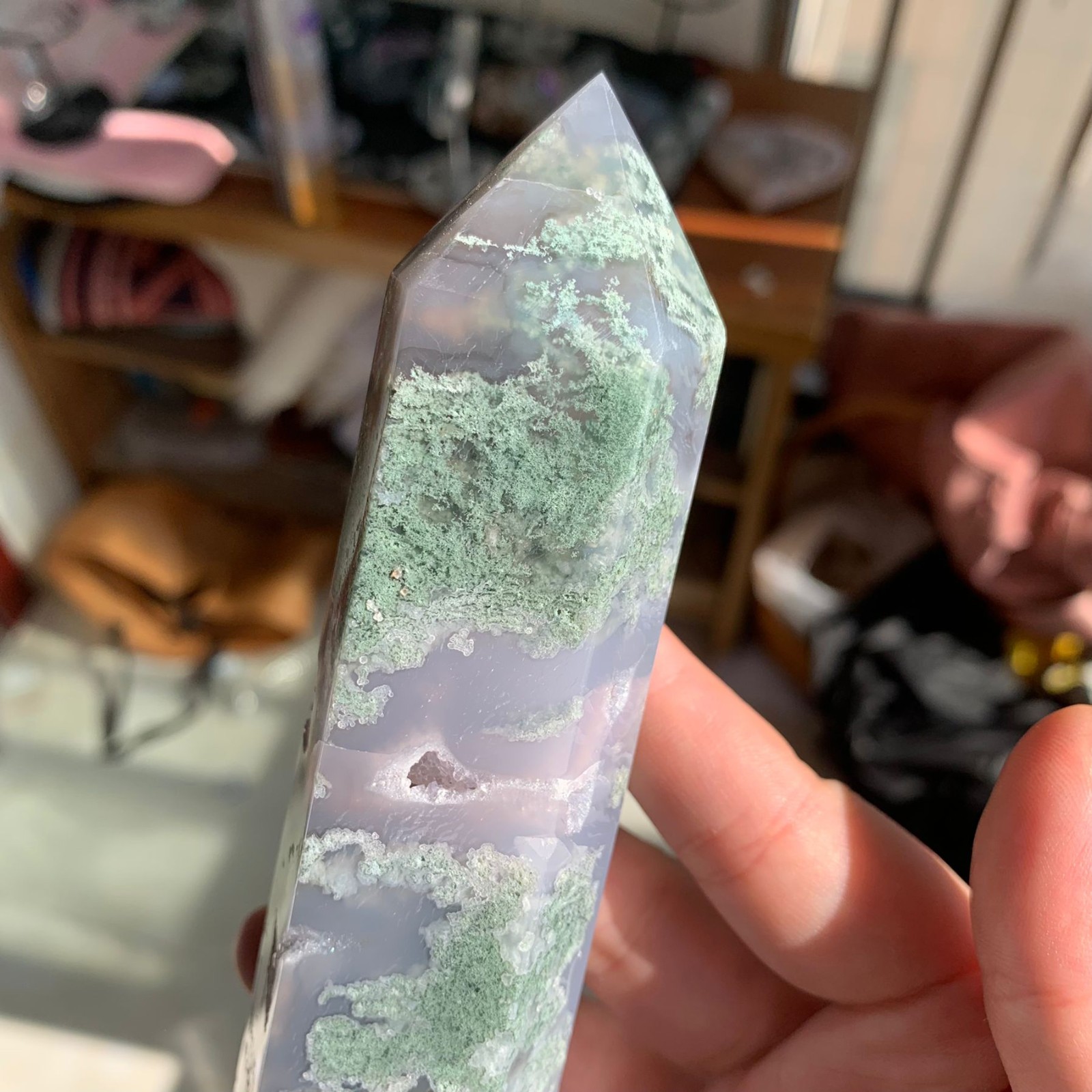 290g Moss Agate Obelisk Tower Crystal Energy Stone Healing Spiritual Decor