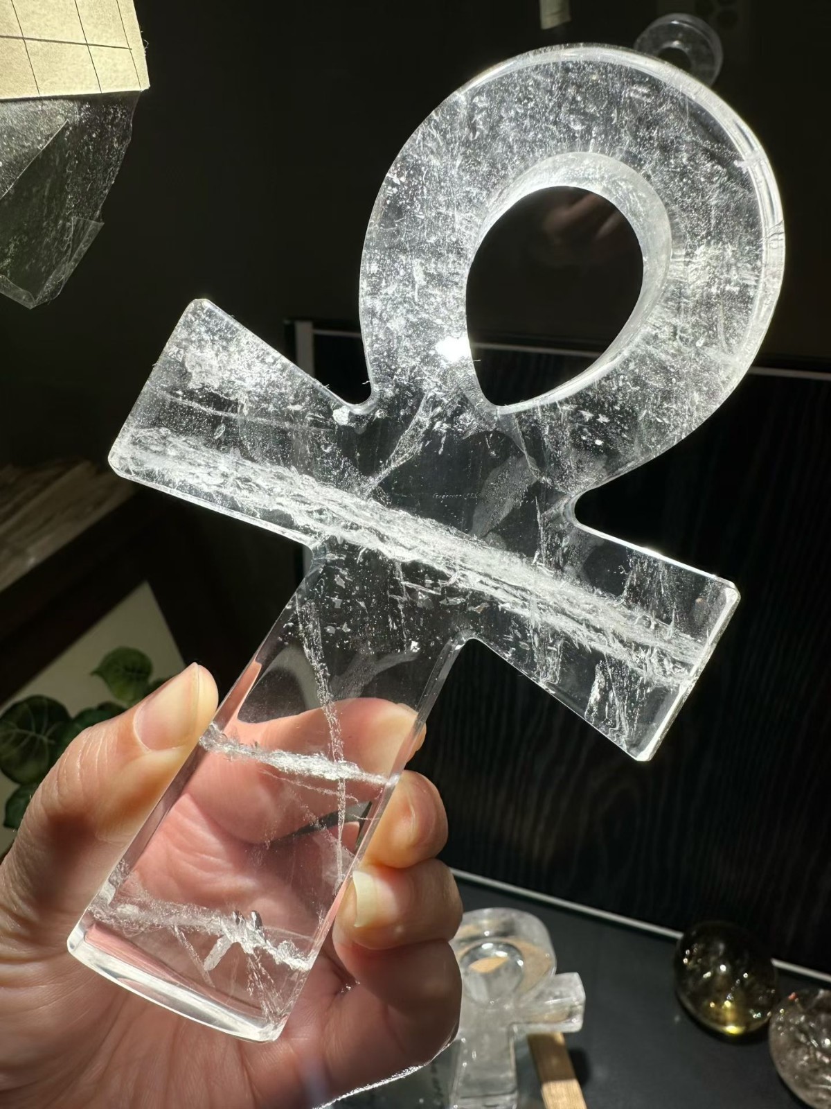 5.9″ Natural Clear Crystal Ankh Cross Carved quartz crystal Skull Reiki heal 1pc