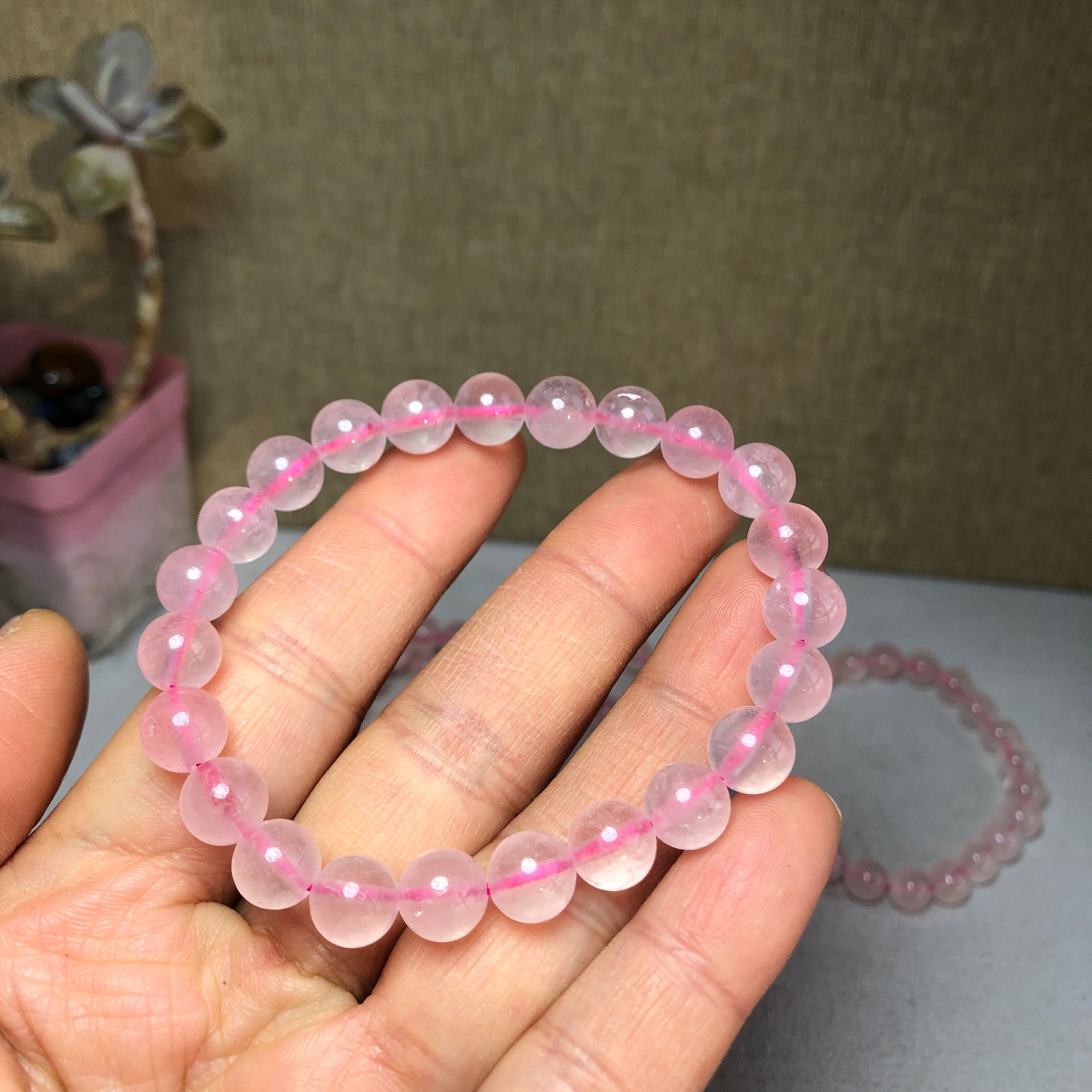 5pcs wholesale Natural pink Crystal rose Quartz chain beads bracelet 8mm A2782