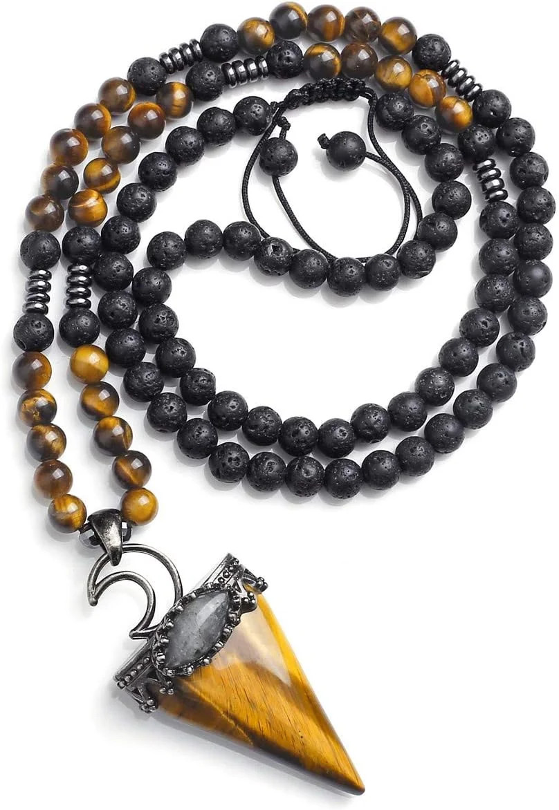 Jovivi 6mm Natural Tiger Eye Crystal Pendulum Necklace Lava Rock Labradorite Hea