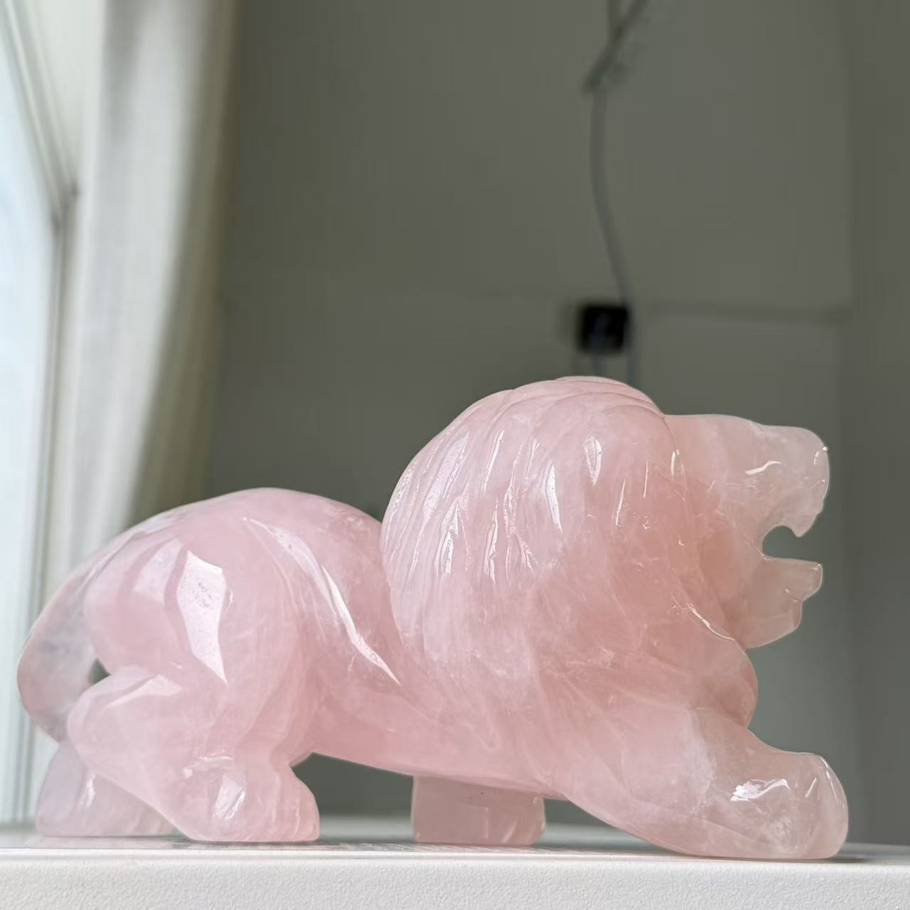 3.74LB Large Natural Rose Quartz Lion Statue Crystal Carving Home Decor FengShui