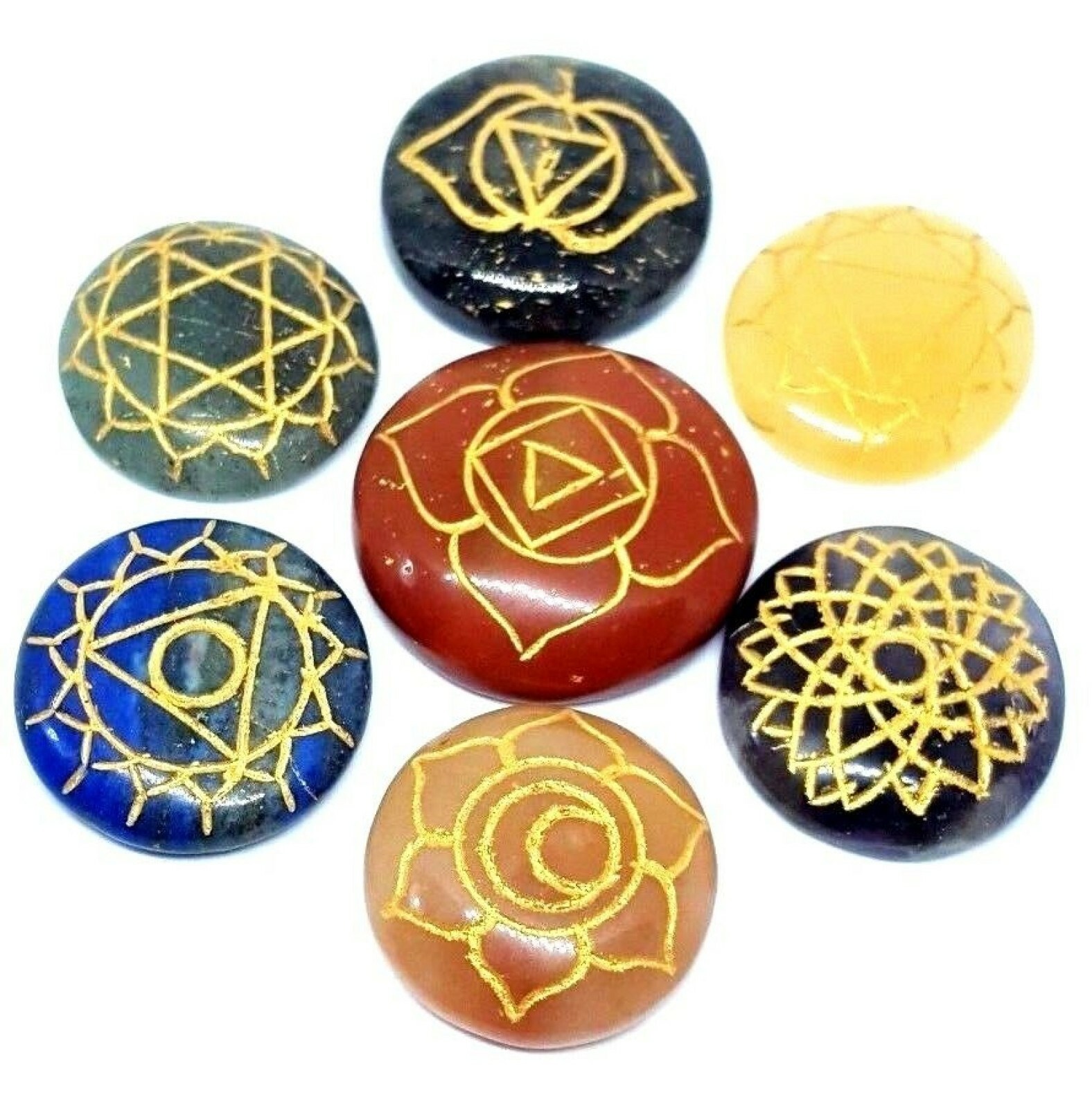 7 Chakra Gemstone Set Genuine Crystal Healing Reiki Round Set Carved Stone & Bag