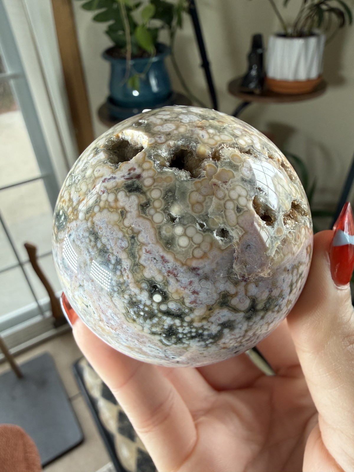 8th Vein Ocean Jasper Sphere – Druzy – Pink, White, Blue & Green Orbs – 9.91 oz