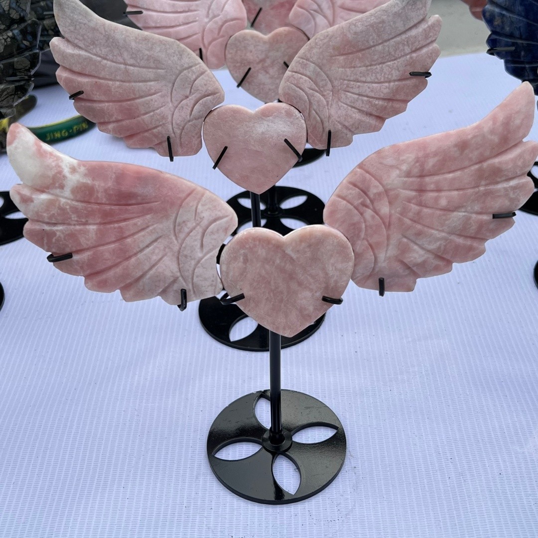 Natural Pink opal Angel of Love wings skull quartz crystal A set Random+ Stand