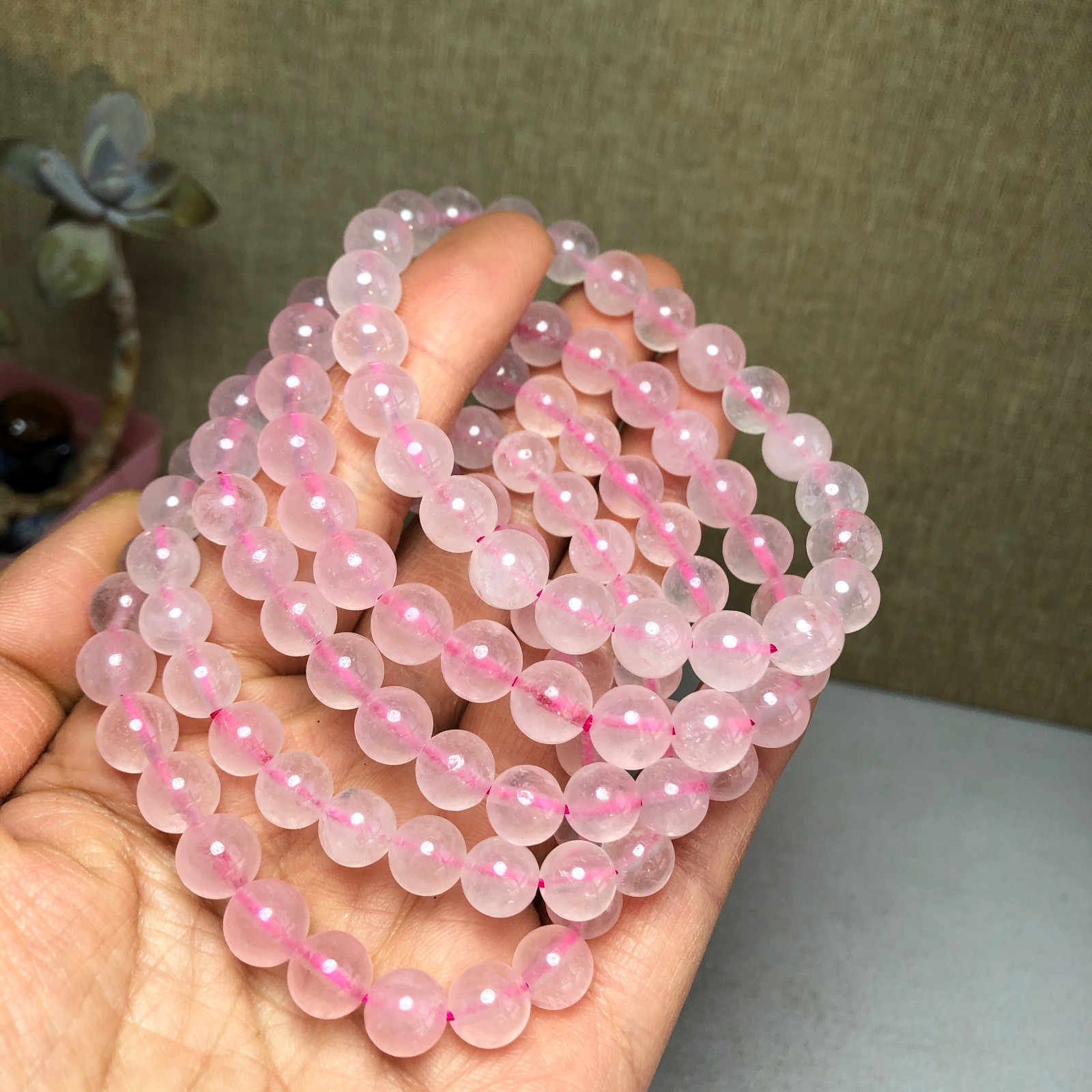 5pcs wholesale Natural pink Crystal rose Quartz chain beads bracelet 8mm A2782