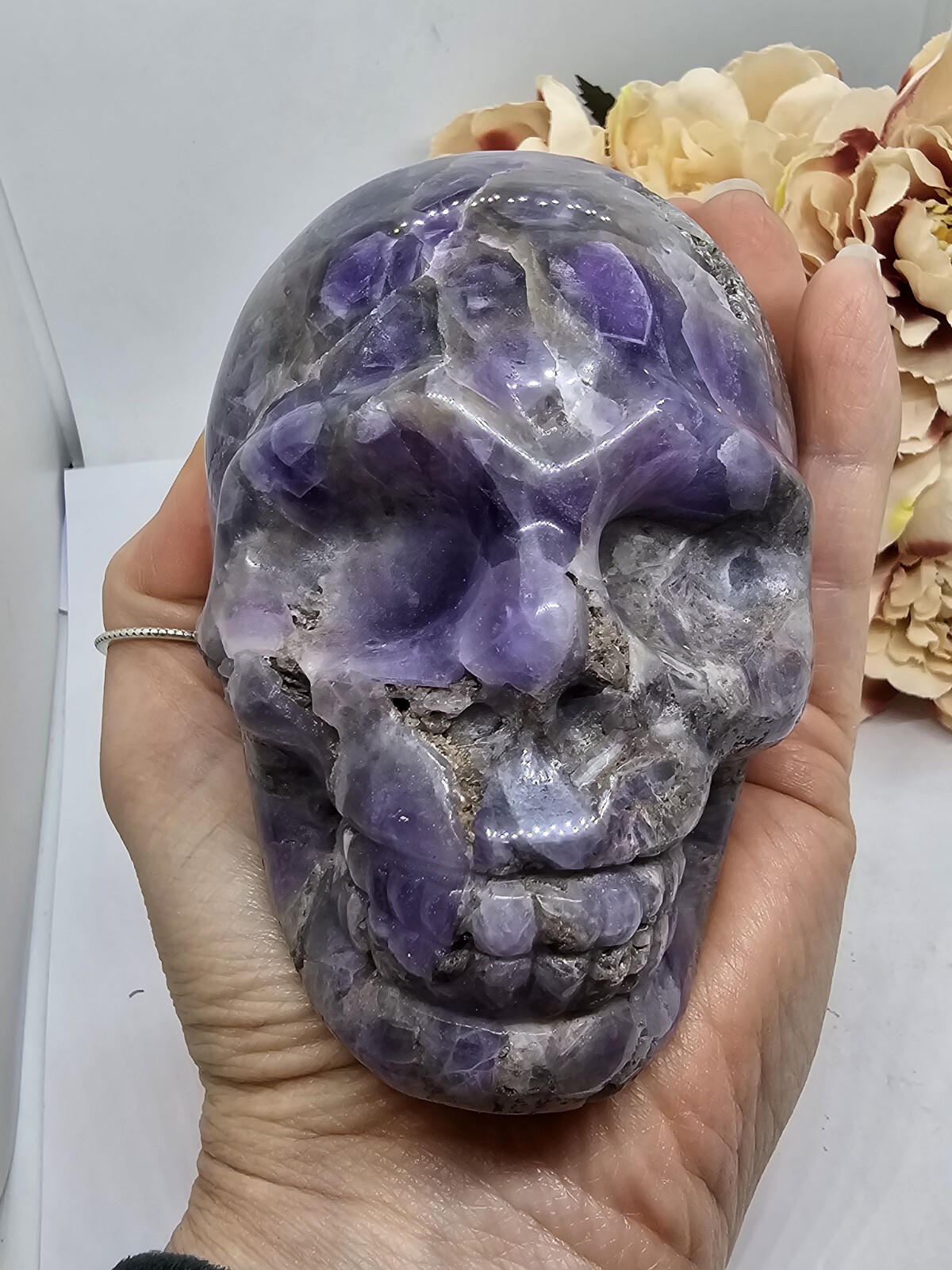 Large Chevron Dream Amethyst Skull carving crystal purple 734g 9x7x6cm