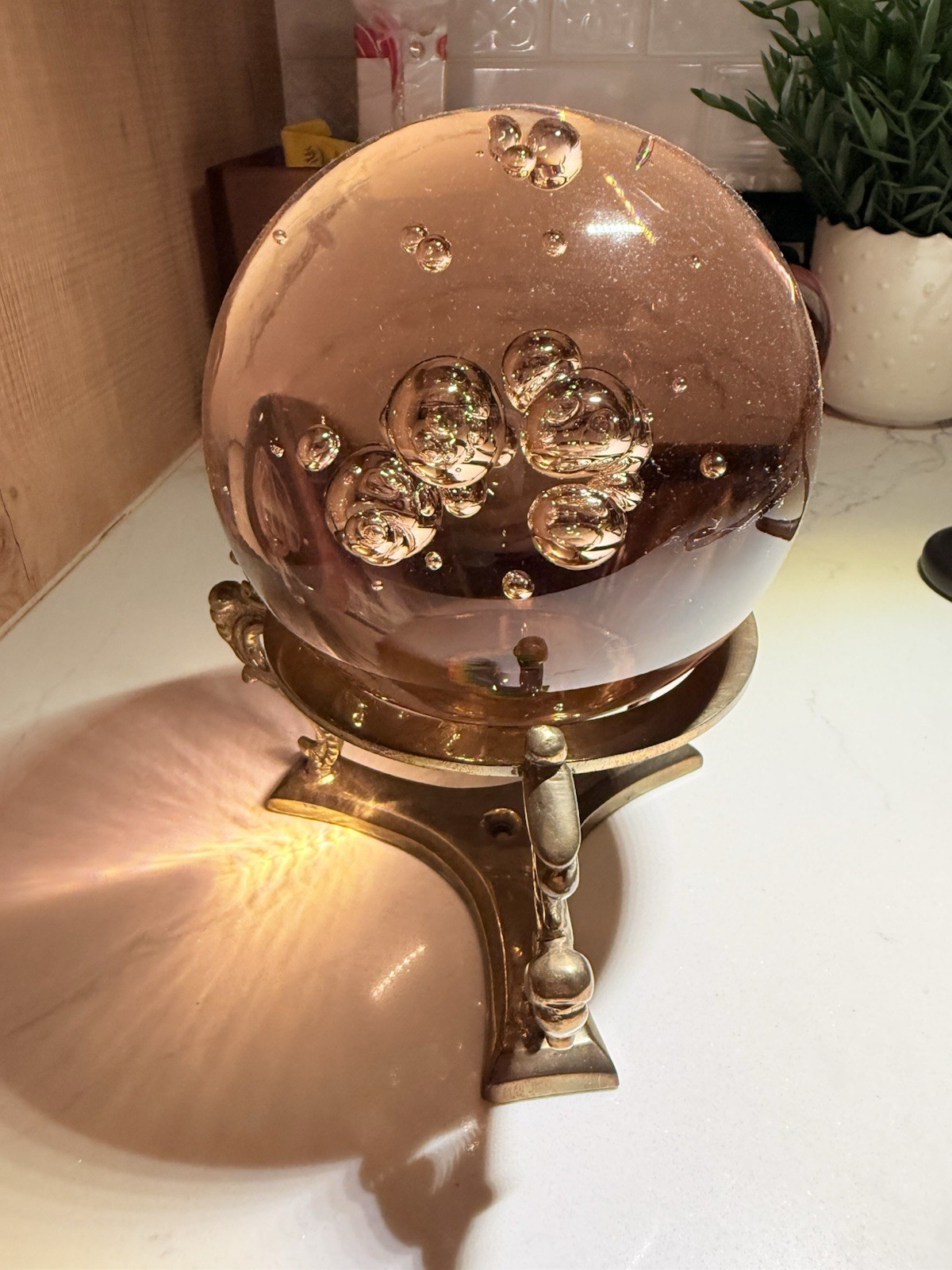 Large Vintage Lead Crystal Ball Sphere on Ornate Dragon Brass Stand