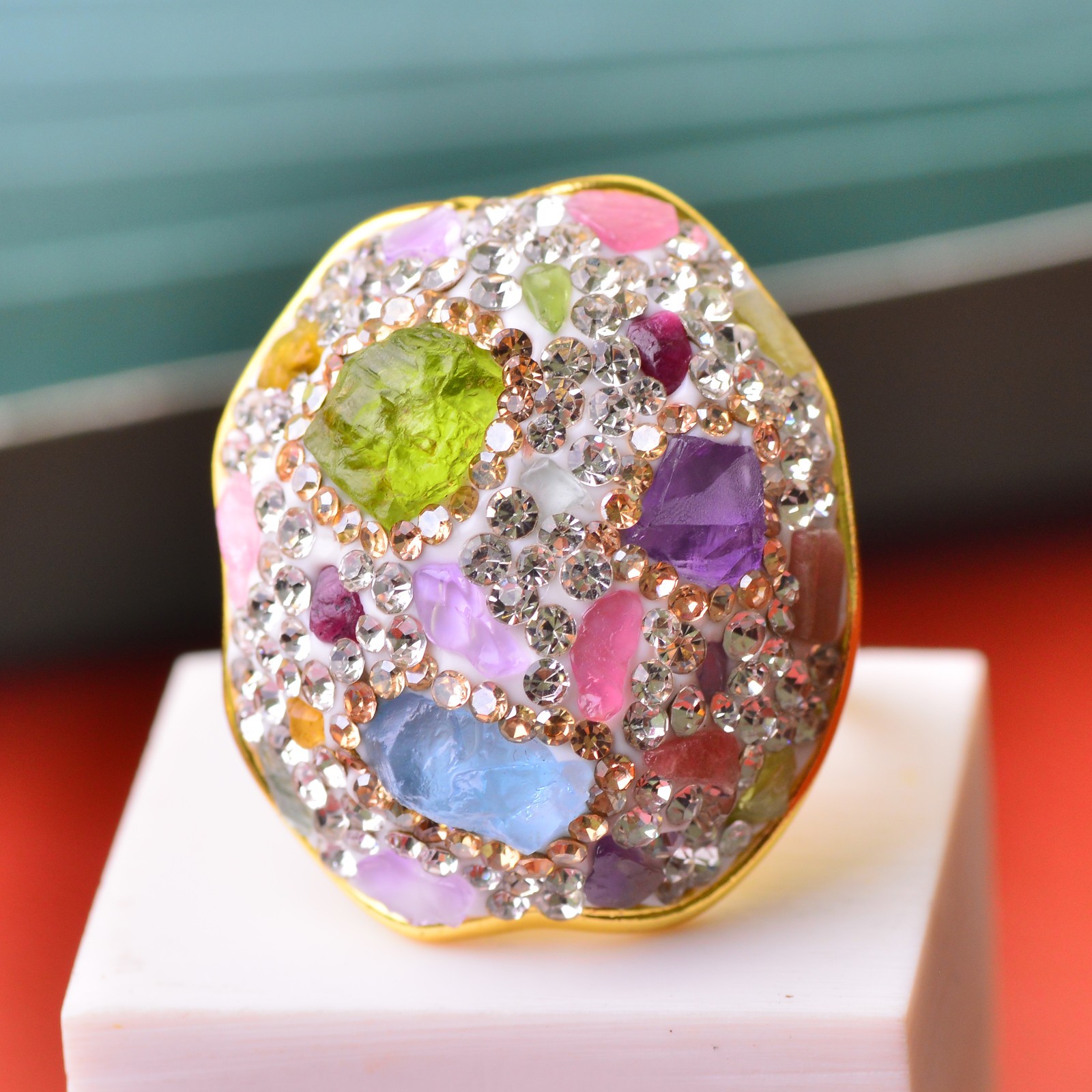 Crystal-encrusted gemstone ring alloy inlaid with handmade Energy Crystal