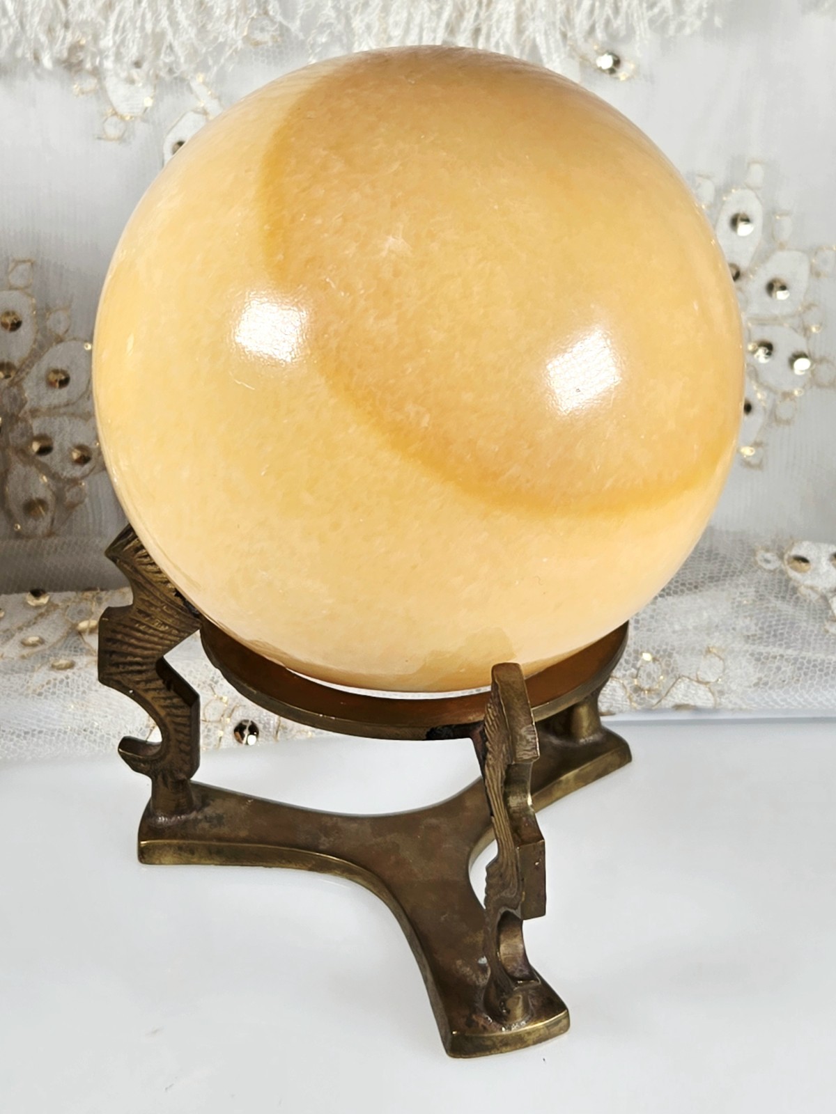 Set of 2 Honey Calcite Crystal Spheres Brass Stands 3.75″D (1,616g) 2.75″D 595g