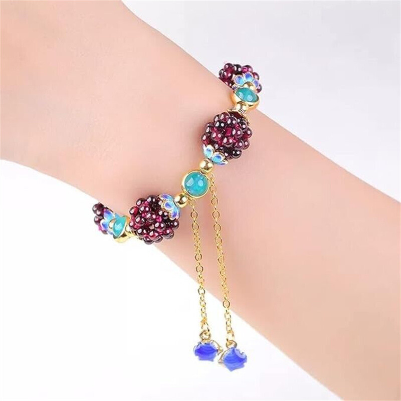 Natural Garnet & Blue Crystal Round Beads Bangle Healing Reiki Woven Bracelet