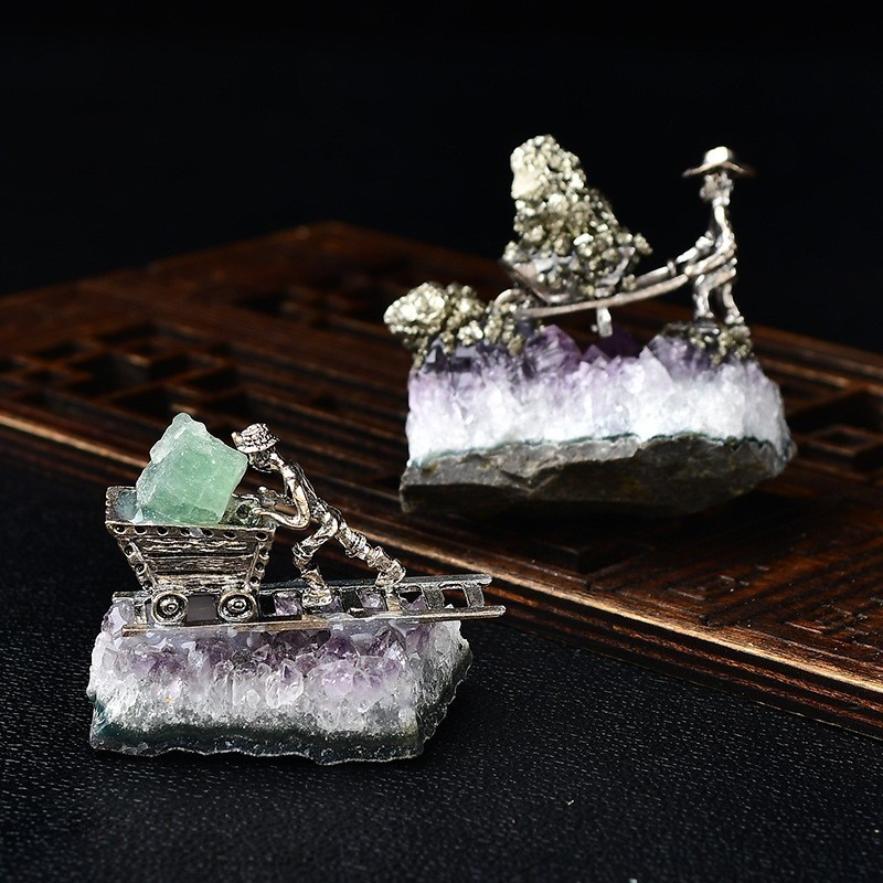 Natural Amethyst Cluster with Alloy Miner Figurine Home Decor Ornament 1PCS