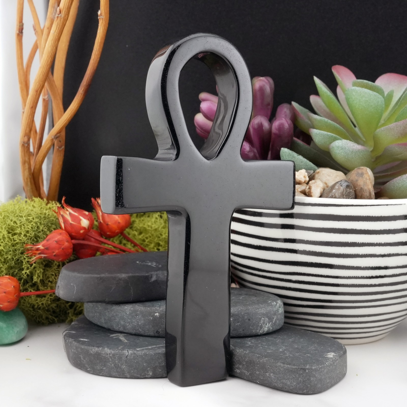 Obsidian Ankh Spiritual Protection Crystal Gift Black Stone Energy Altar Decor