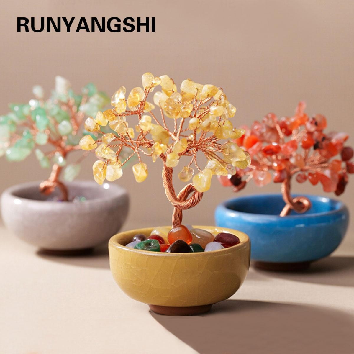 Natural Crystal Money Tree Copper Wire Feng Shui Home Decor Energy Stone