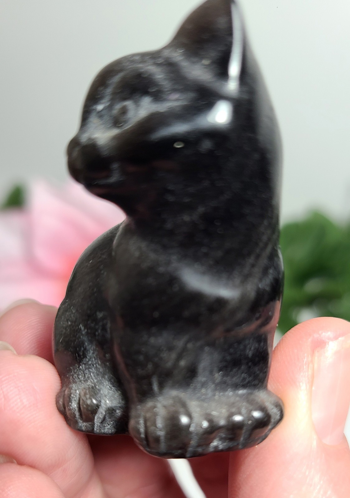 2″ 54g Adorable Silver Sheen Obsidian Sitting Cat Crystal Stone Carving Statue