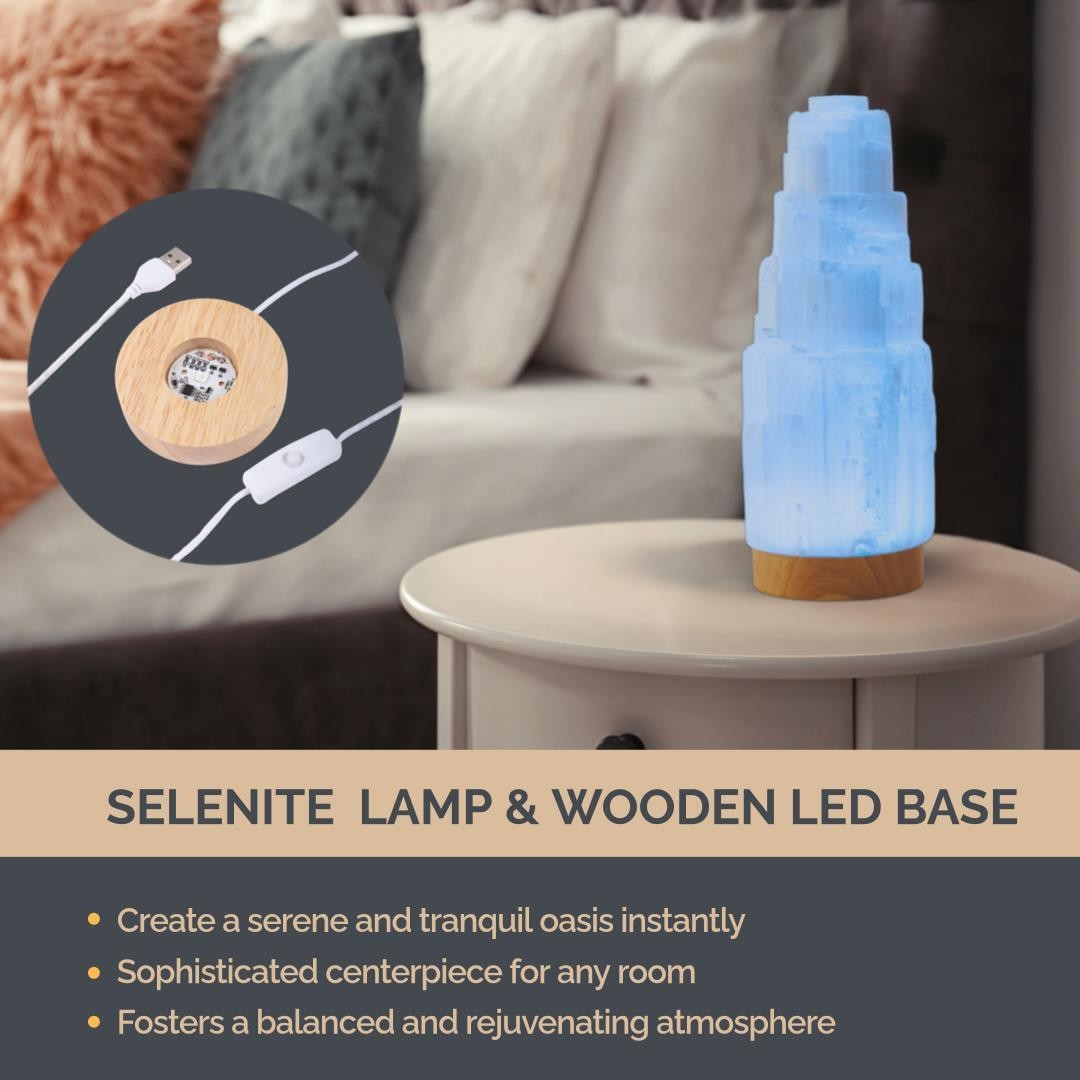 7 Colors Selenite Crystal Lamp Tower with Wooden LED Base, Spiritual Gift