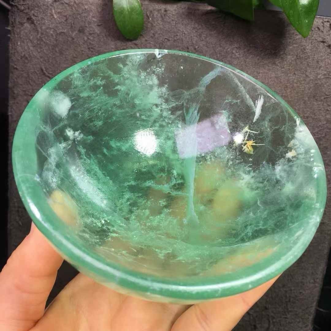 1PC Natural green fluorite crystal quartz Carved bowl Reiki Healing Gift