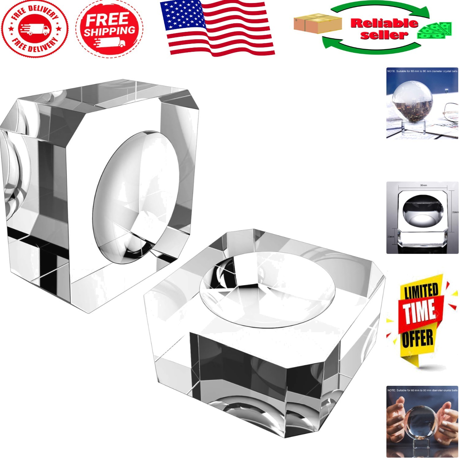 Elegant 2-Pack Clear Crystal Ball Stand for 60-90mm Spheres – Perfect Display