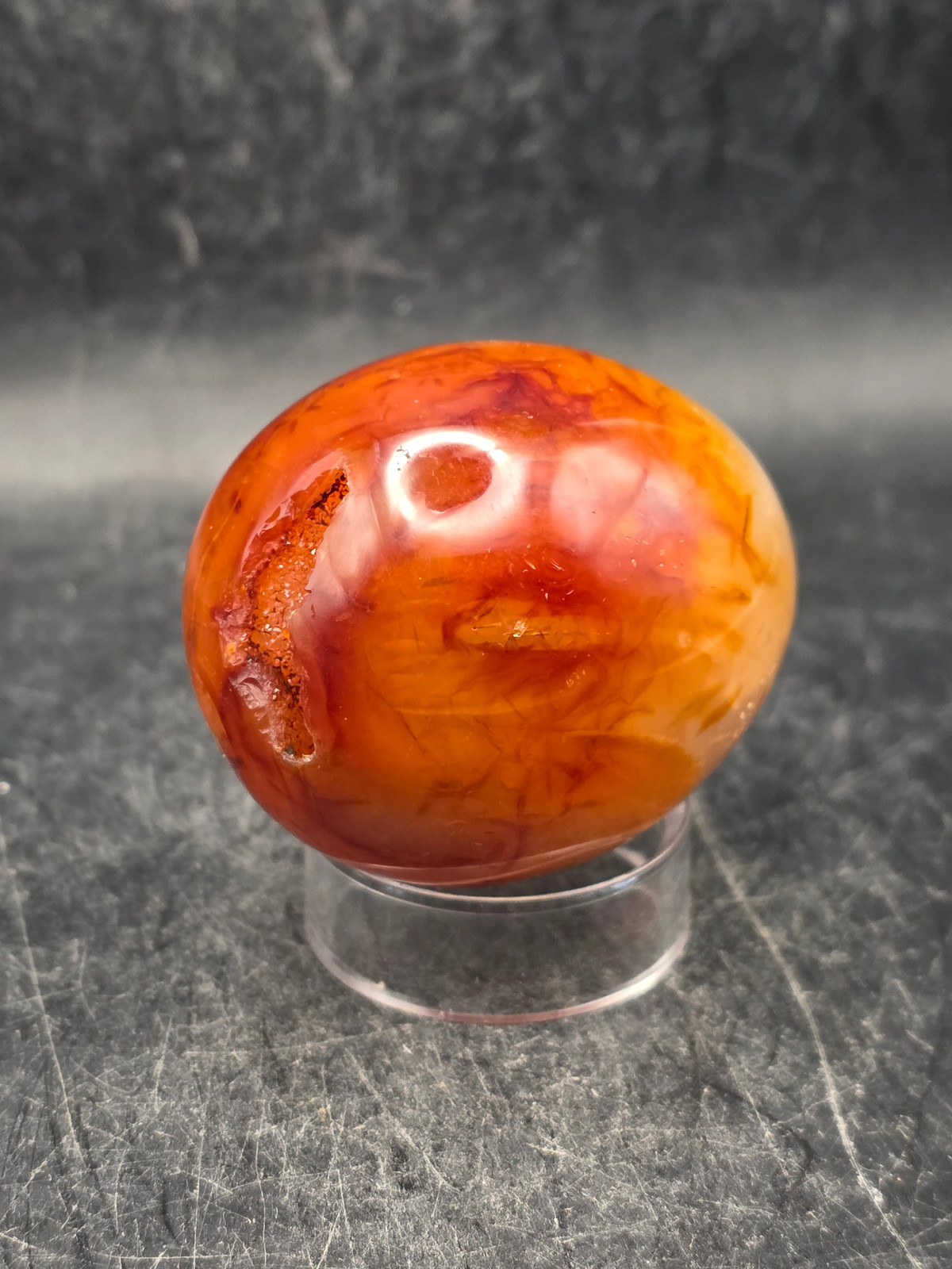 Druzy Carnelian agate egg! 4.5 ounces, 2 inches tall, 1.6″ wide