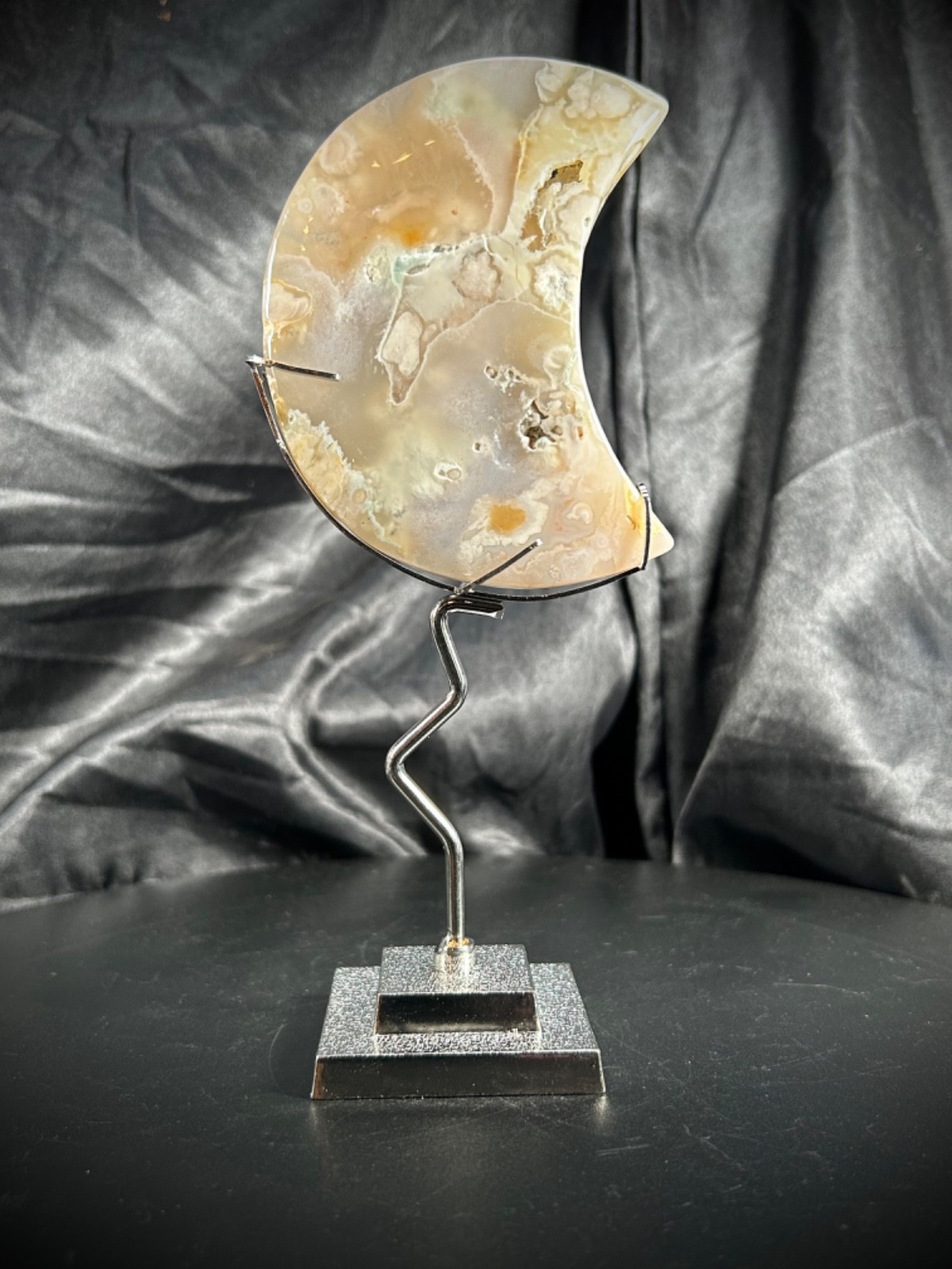 3.68″ Flower Agate Moon With Metal Stand 5.5oz (155 grams)