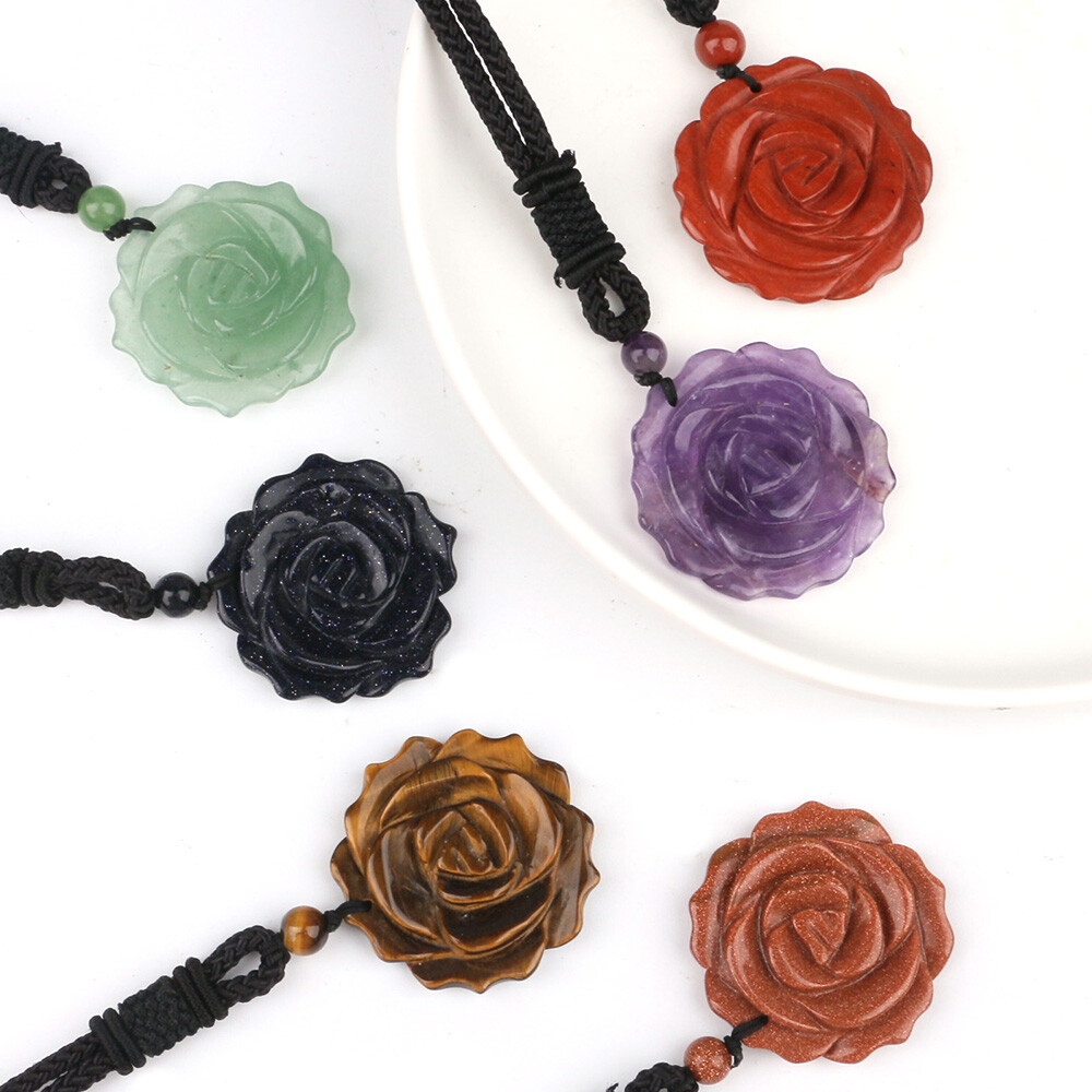 Natural 35mm Crystal Carved Rose Flower Necklace Gemstone Reiki Pendant Charm