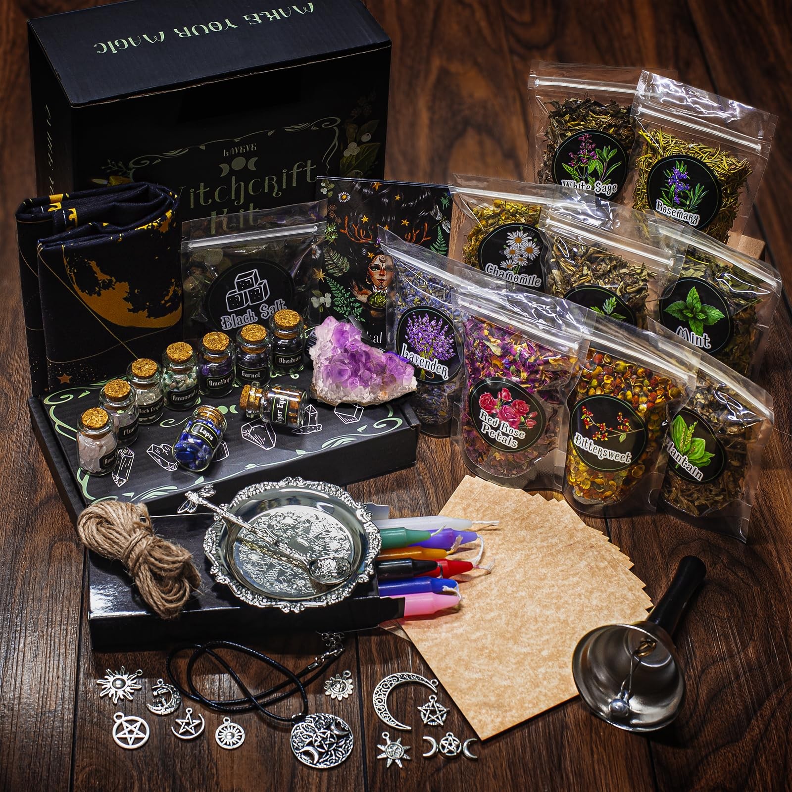 Witchcraft Supplies Kit for Spells, 56 PCS Witch Box Include Dried Herb Crystal