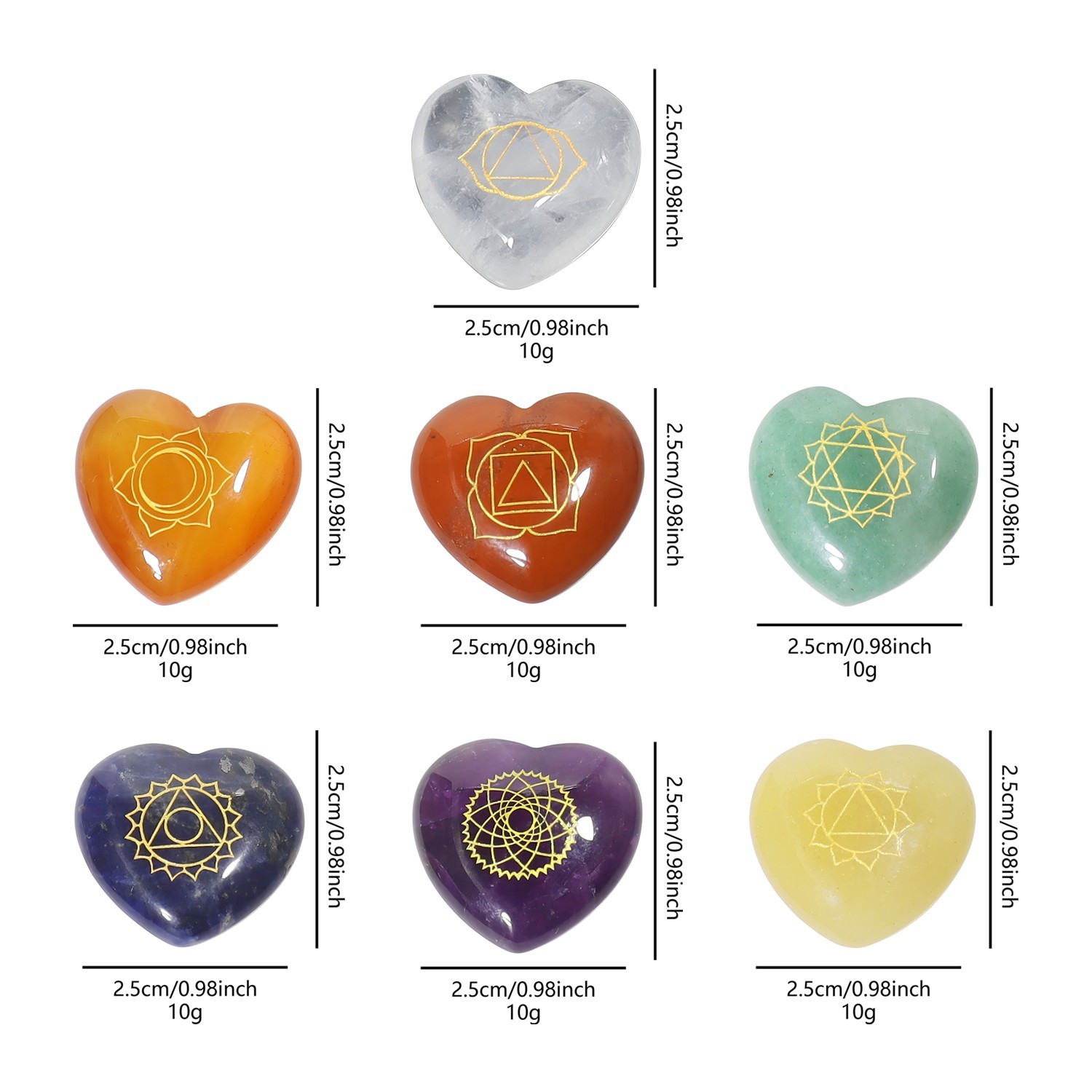 25mm Natural Healing Stones Heart 7 Chakra Crystal Set With Chakra Symbols 1set