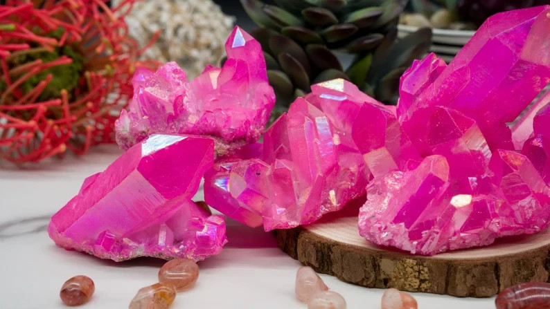 Hot Pink Aura Quartz Cluster Gorgeous Titanium Ore Coated Angel Aura Quartz
