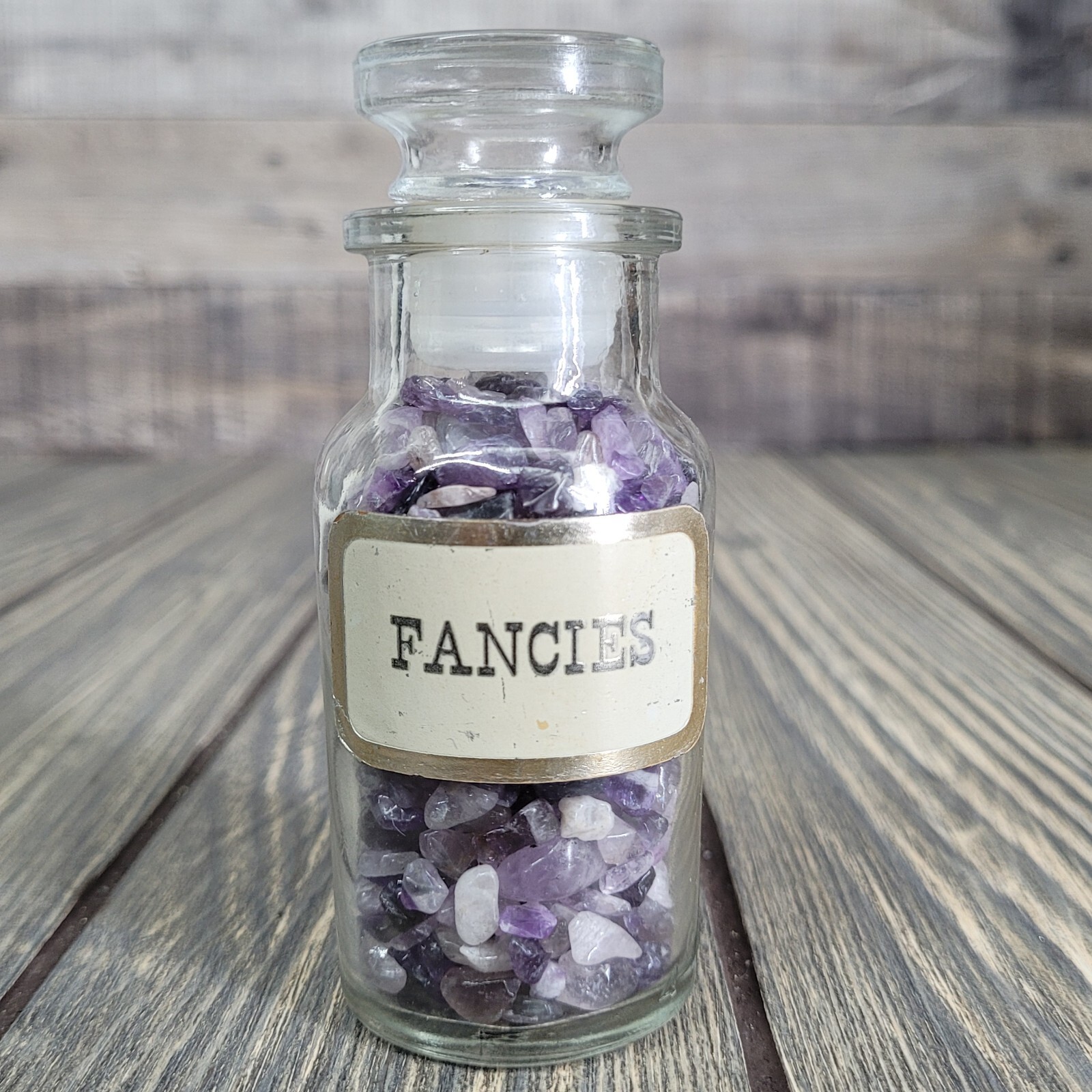 4oz Amethyst Crystal Chips in Apothecary Vintage Glass Jar “Fancies” Wagner