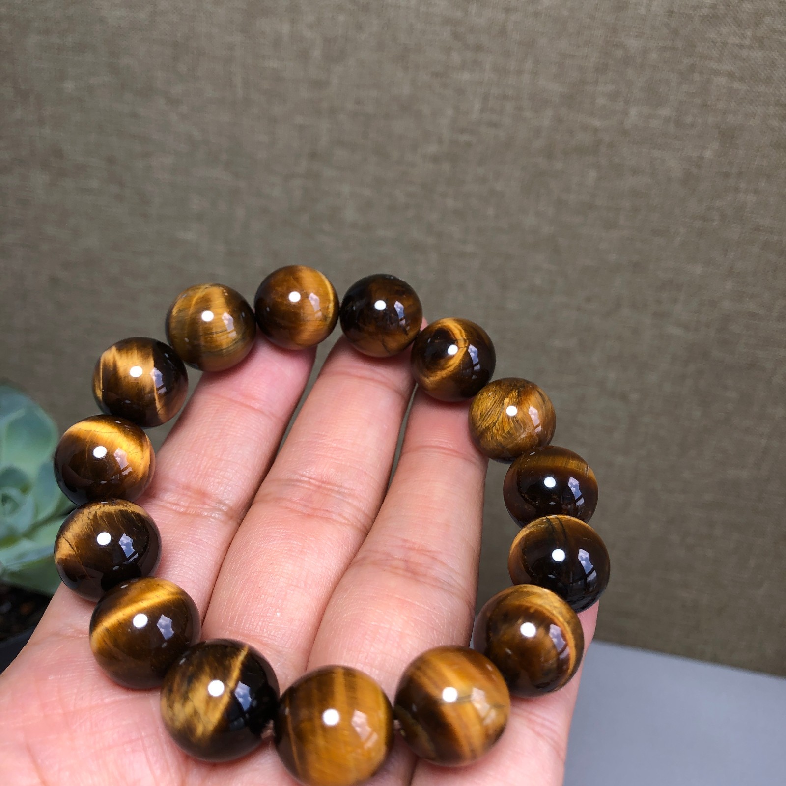 14mm Natural yellow tiger eye Crystal Quartz chain beads bracelet 58.3g g7637
