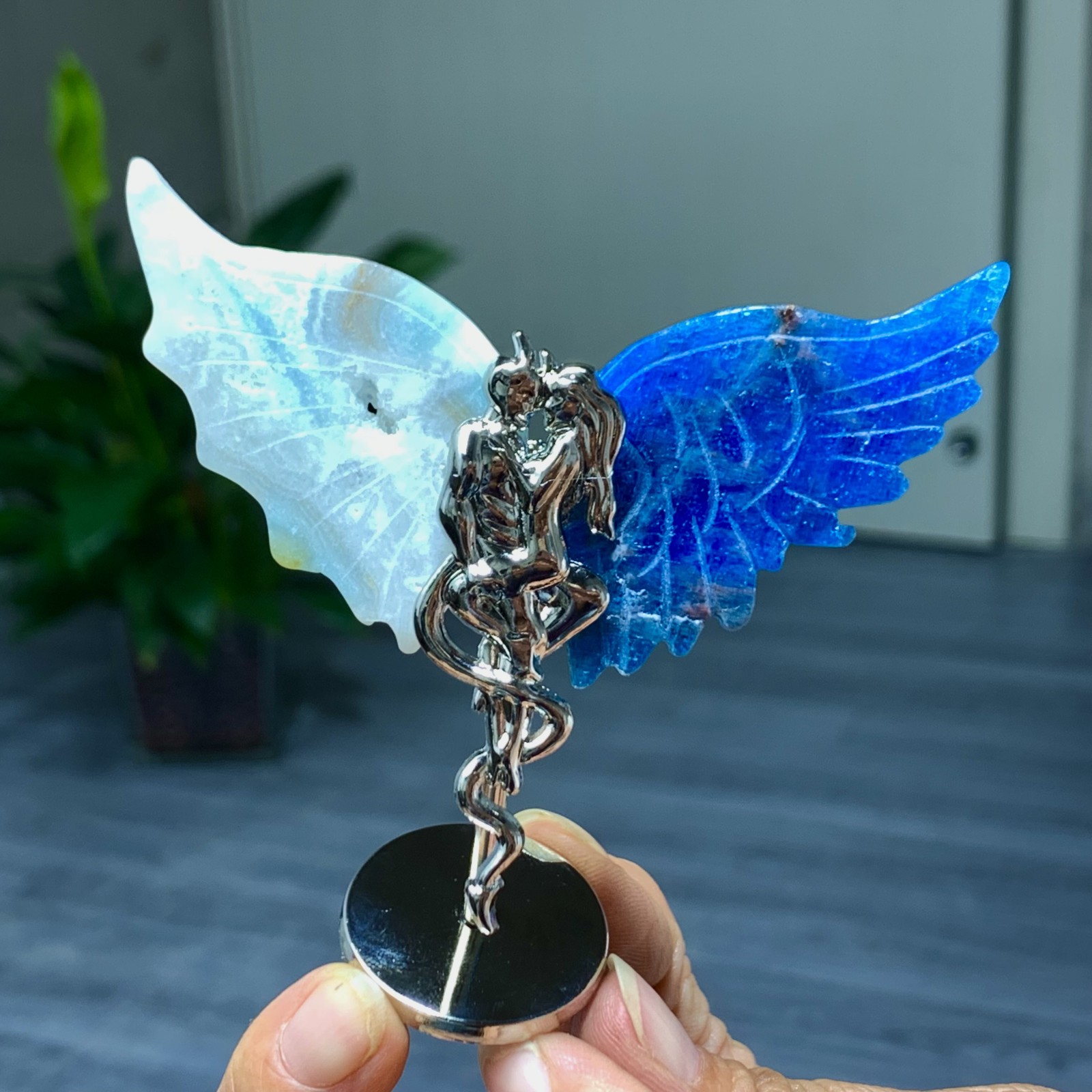 45G Natural hemimorphite and blue apatite hand carved devil angel wing specimen