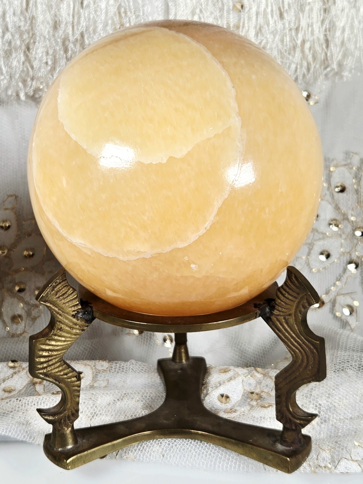 Set of 2 Honey Calcite Crystal Spheres Brass Stands 3.75″D (1,616g) 2.75″D 595g