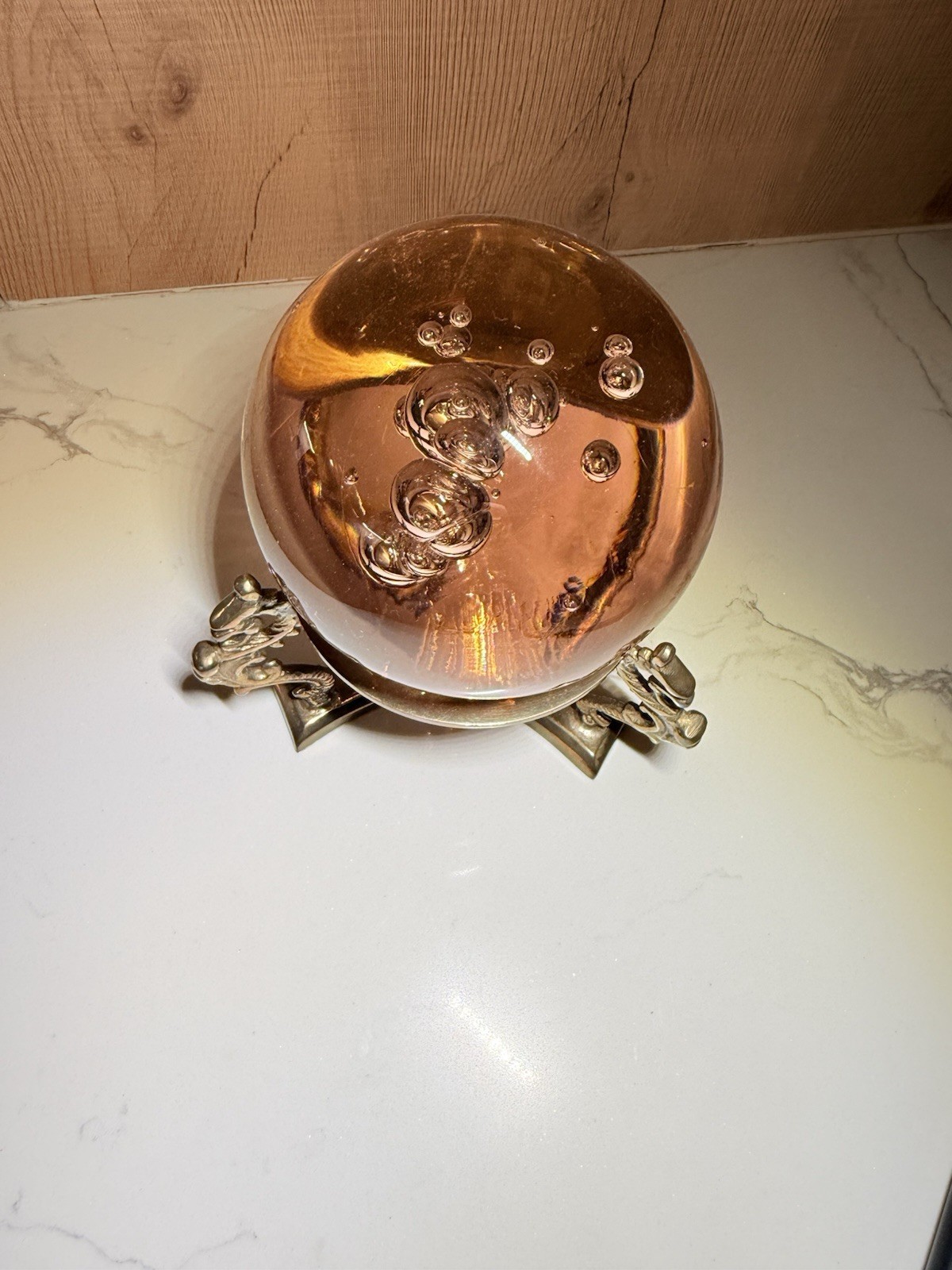 Large Vintage Lead Crystal Ball Sphere on Ornate Dragon Brass Stand