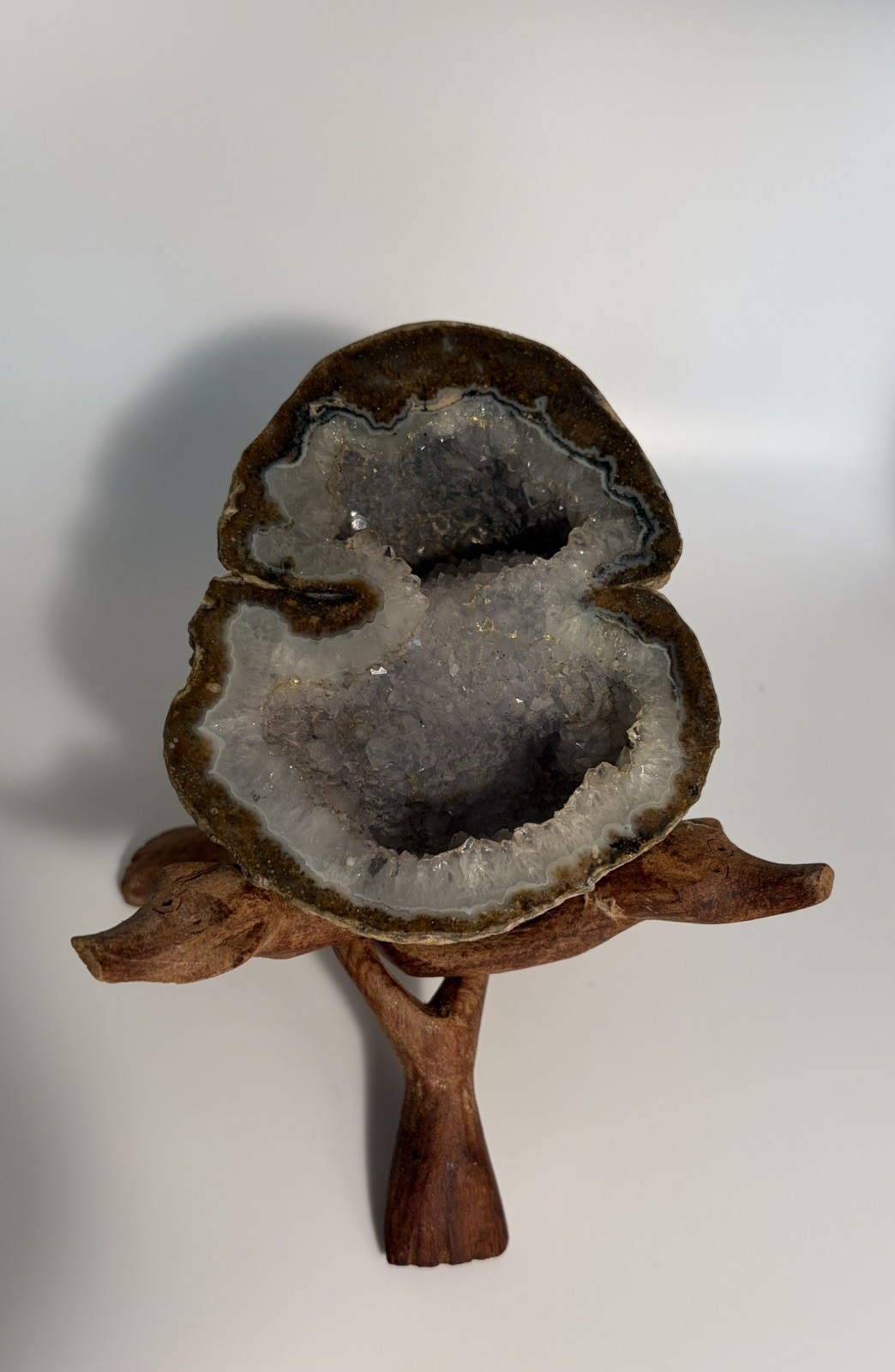 Amethyst Geode Crystal with Wooden Tri Stand for Home Decor
