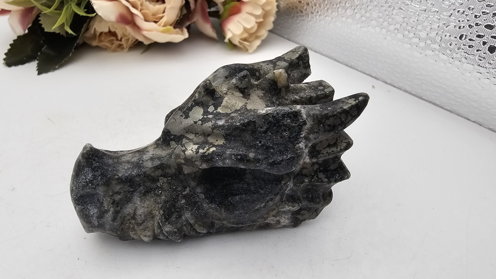 Pyrite crystal Dragon head Carving 6.9 X 4.3cm 145g Abundance Wealth