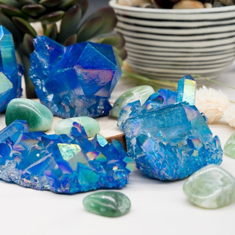 Blue Titanium Rainbow Crystal Cluster Angel Aura Quartz Healing Home Reiki Decor
