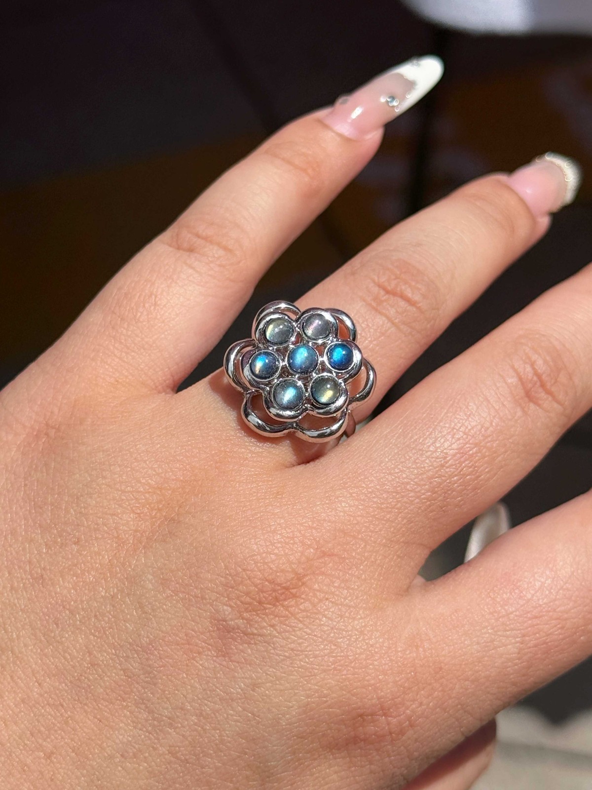Natural Labradorite Ring, Alloy Adjustable Band, Flash Gemstone Ring