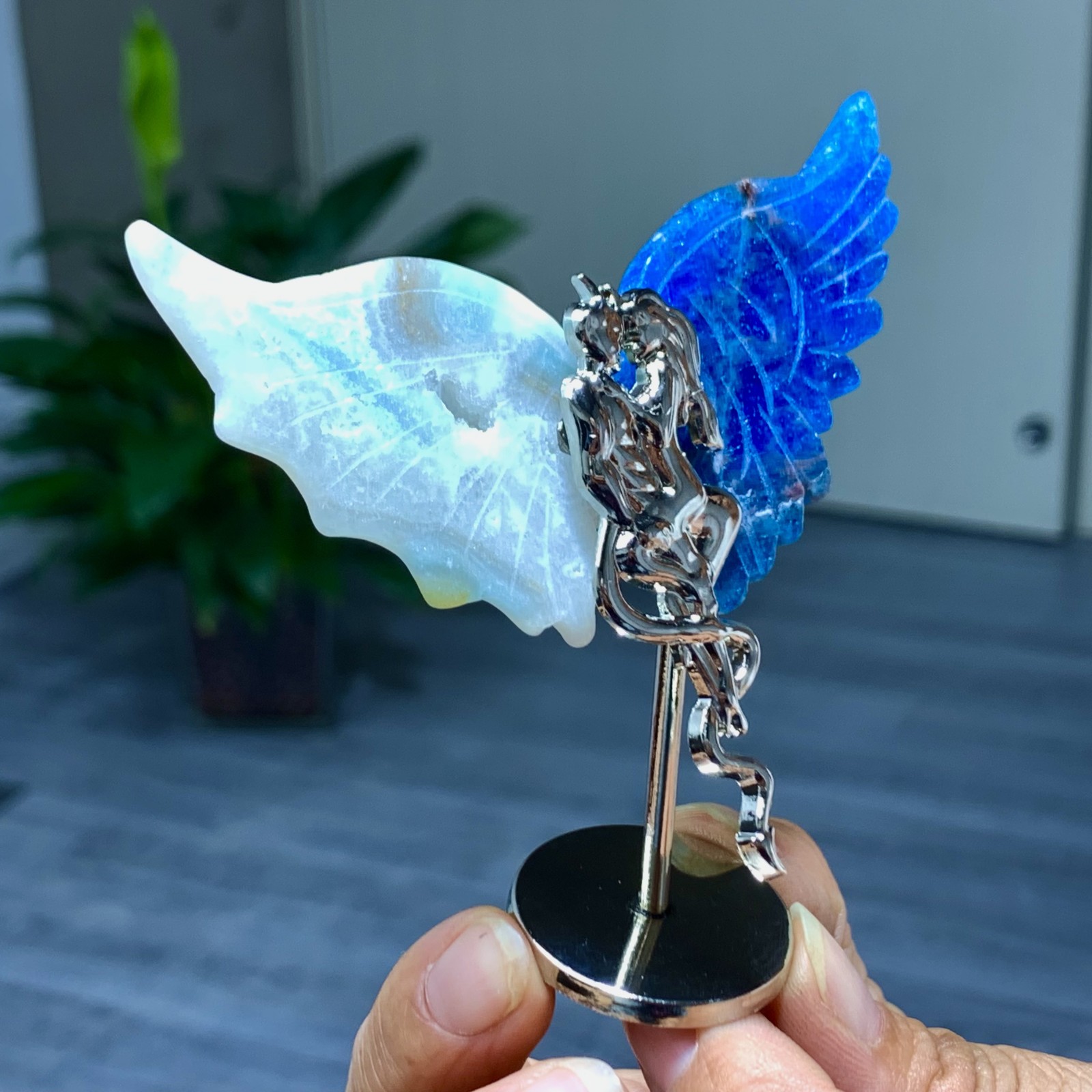 45G Natural hemimorphite and blue apatite hand carved devil angel wing specimen