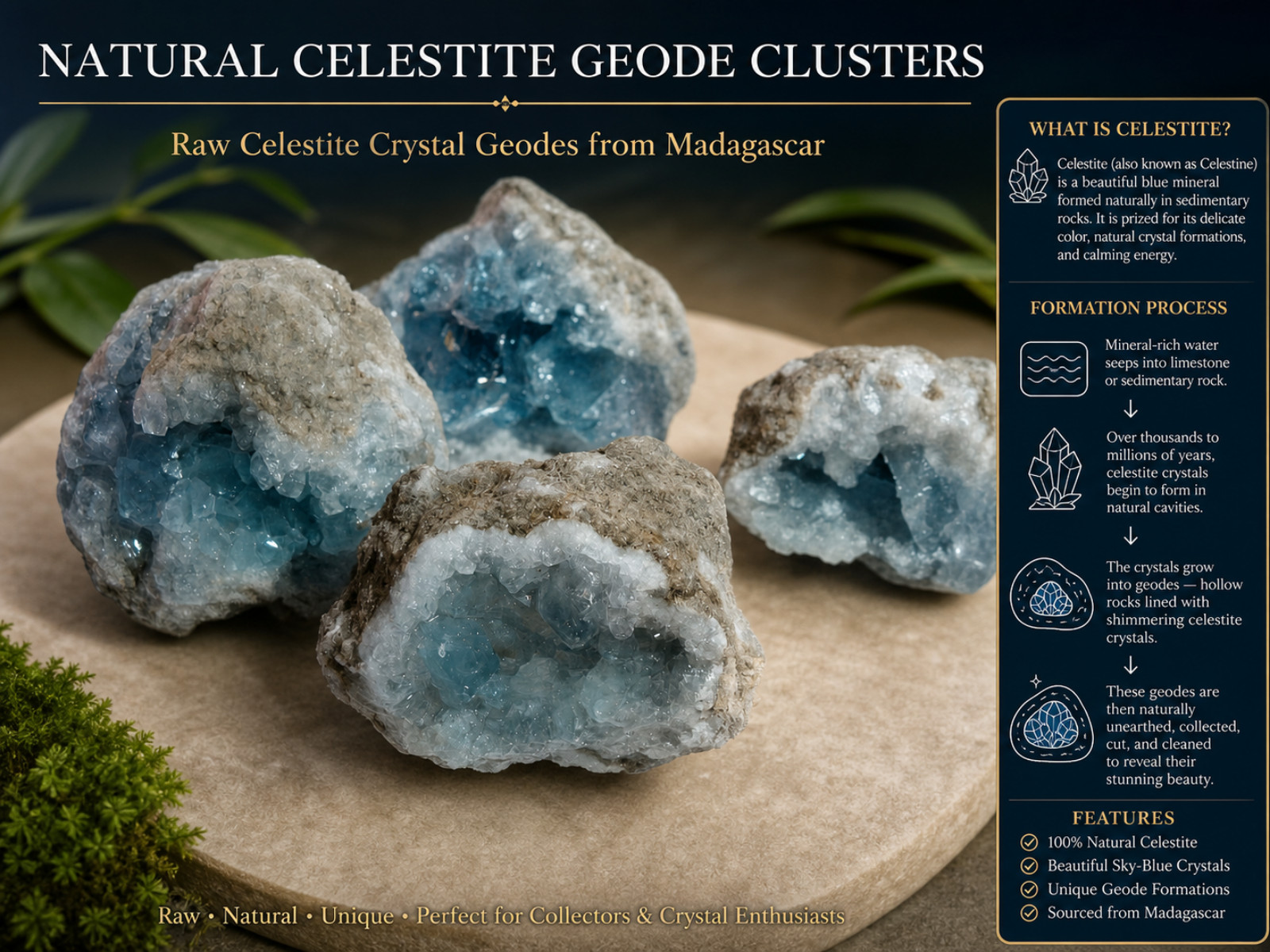 Madagascar Sky Blue Celestite Geode Druzy Cluster Natural Mineral 1-2″