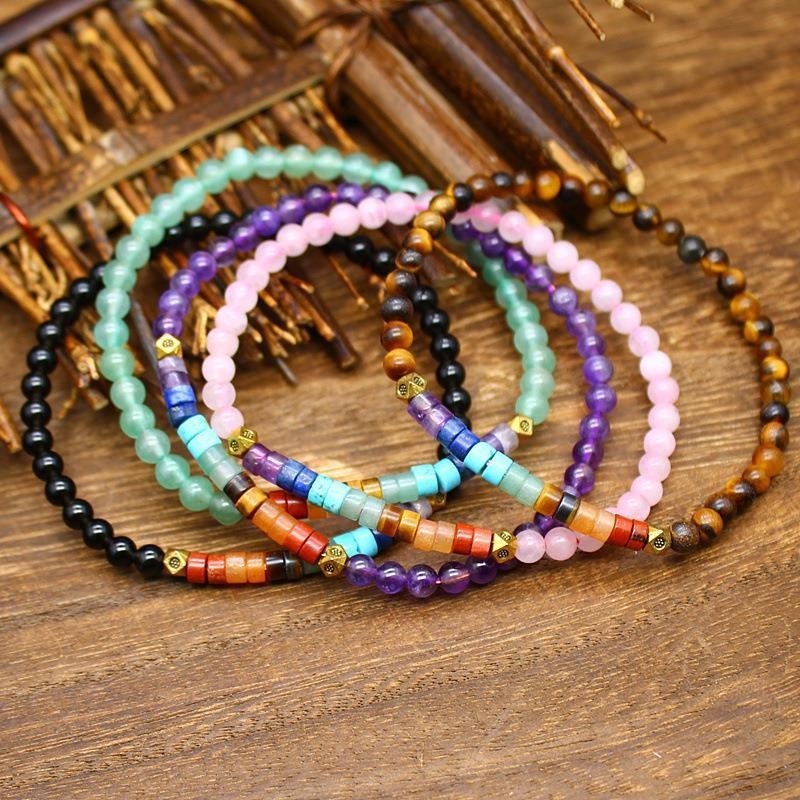 Natural Stone Crystal Seven Color Crystal Round Bead Ethnic Style Bracelet3-5PCS