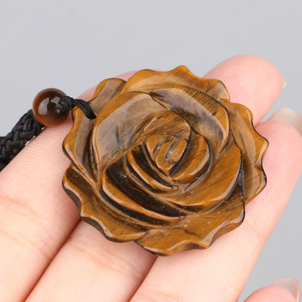 Natural 35mm Crystal Carved Rose Flower Necklace Gemstone Reiki Pendant Charm