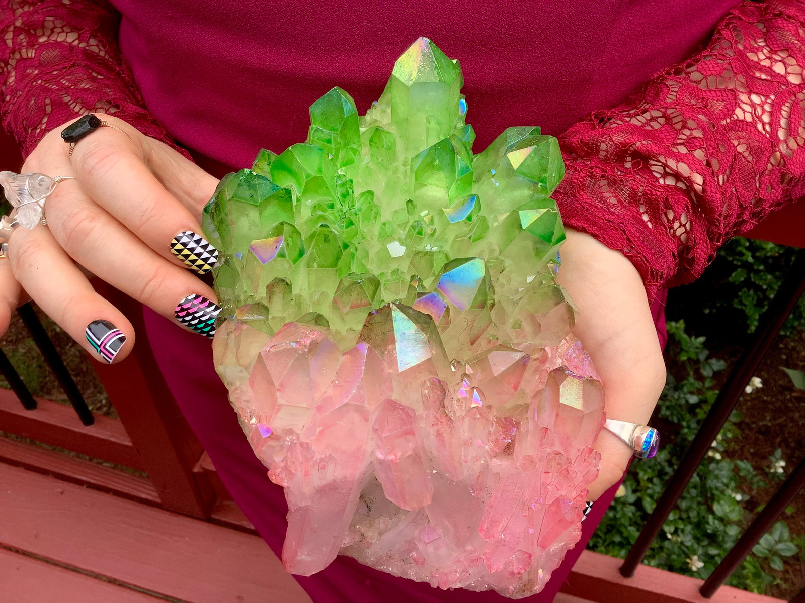Electric Pink & Green Aura Quartz Crystal Cluster ~ Large 3 Lb. 15 oz. ~ 7″ Lon
