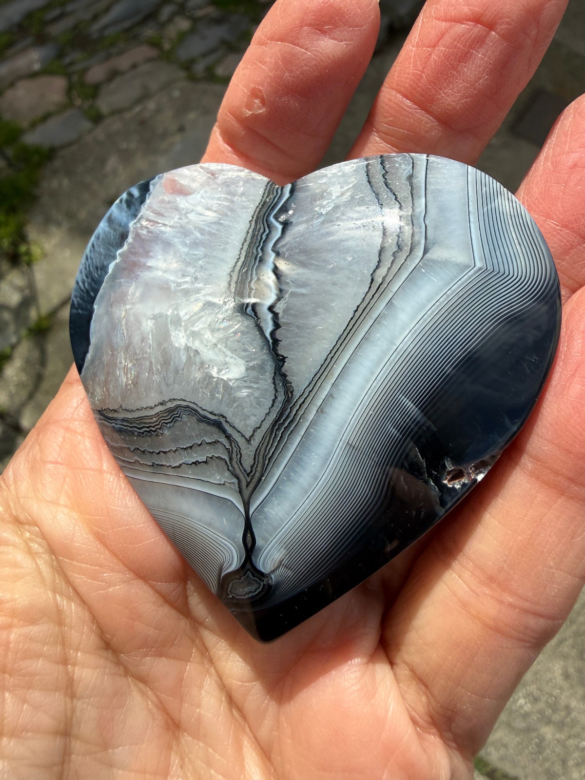 Black and clear banded Botwana Agate Natural Crystal Heart Polished Success 83g