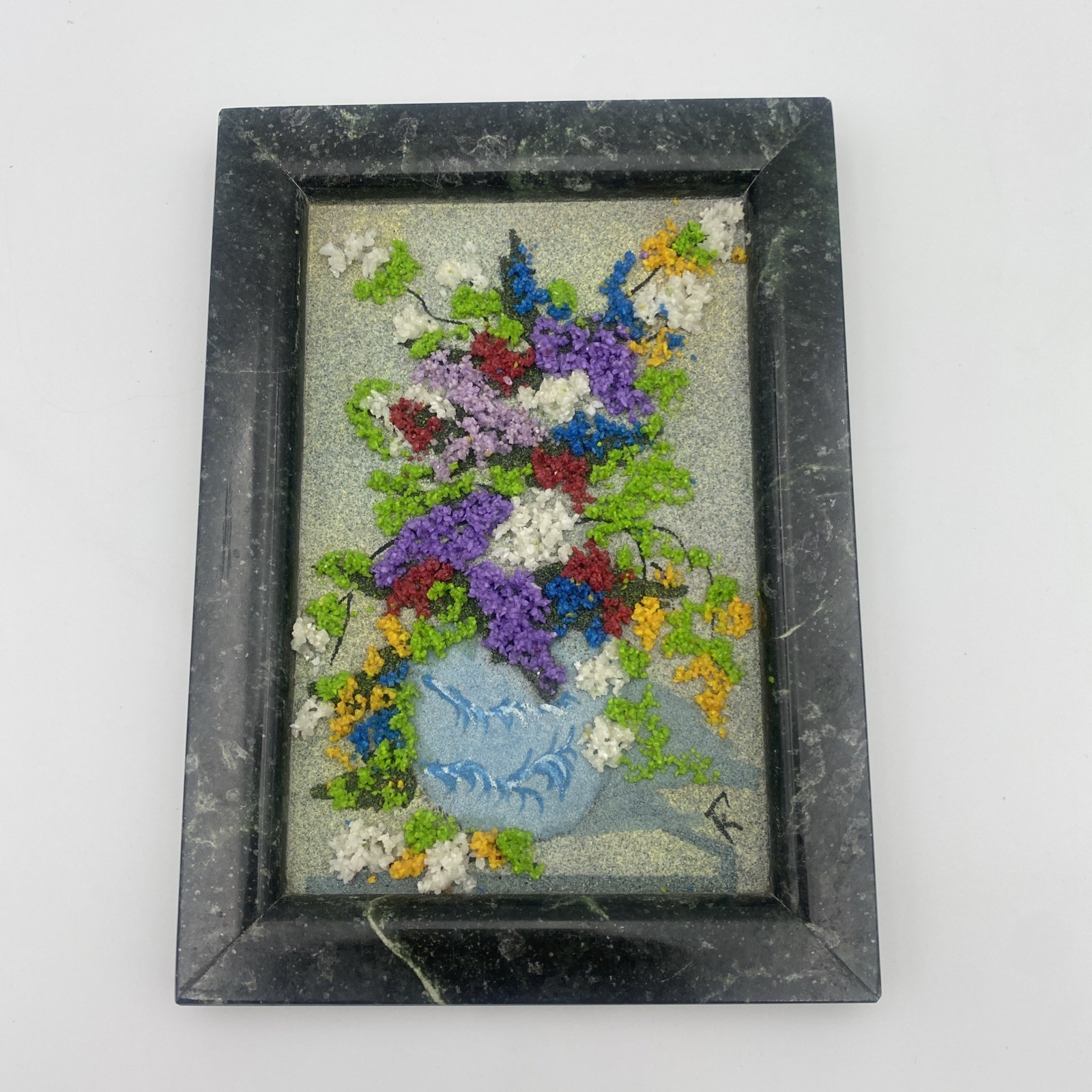 Mineral Crushed Gemstone Floral Design Marble Frame Picture Art Russian