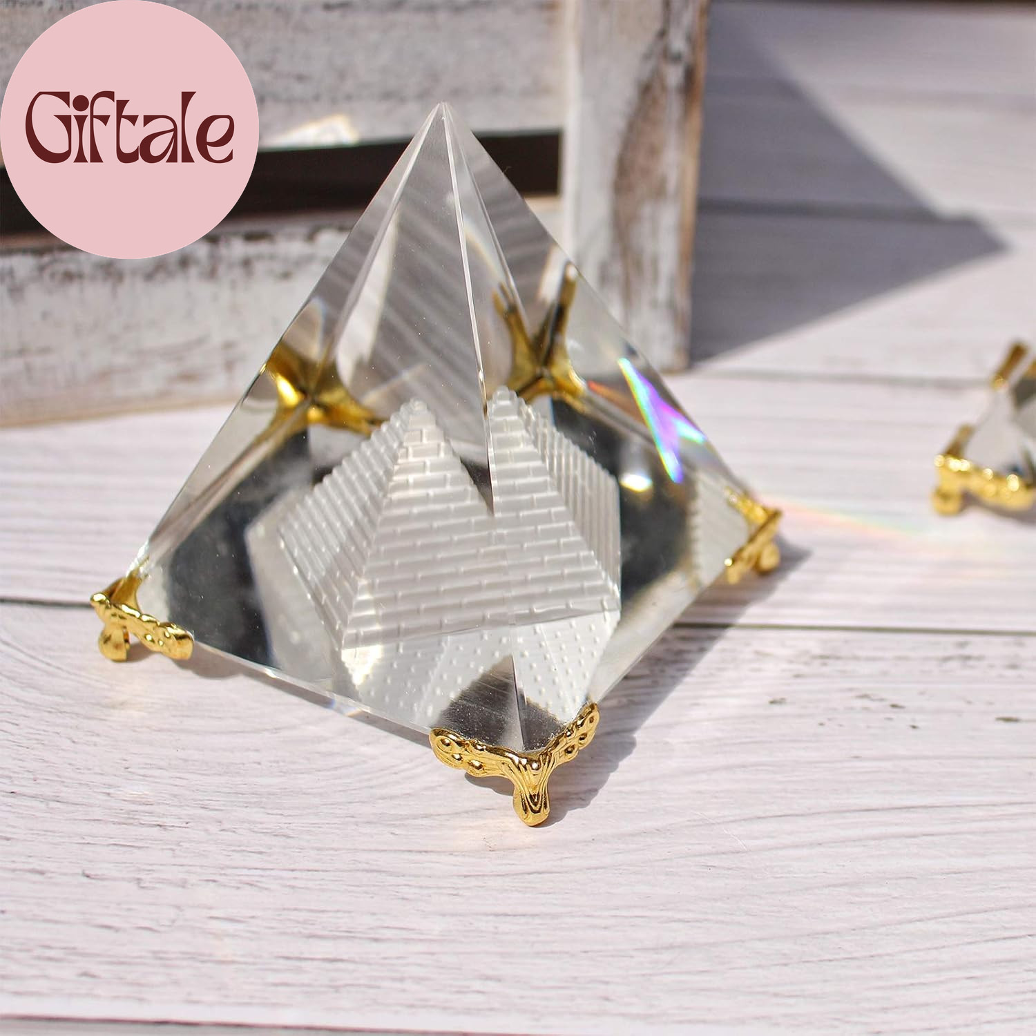 Crystal Pyramid Prism, Feng Shui Crafts Meditation Crystal with Gold Stand for H
