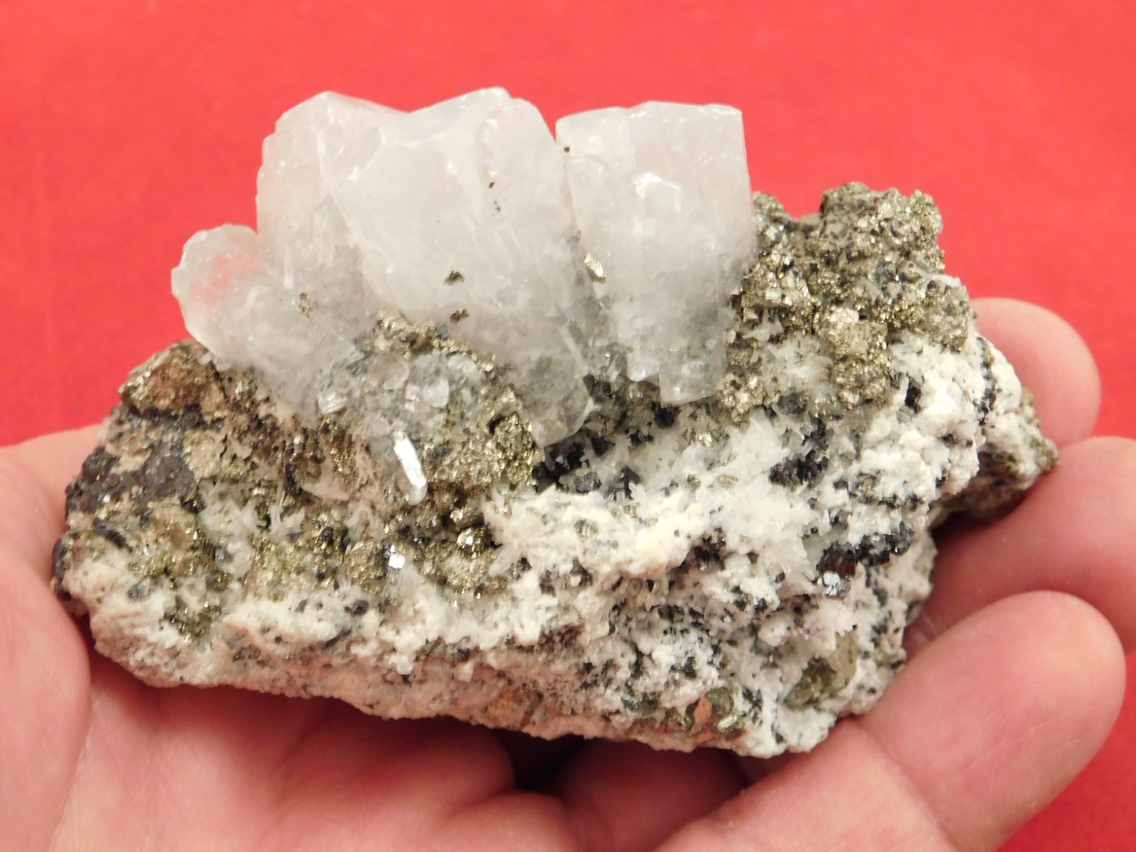 Larger! FLUORESCENT Calcite CRYSTAL Cluster on PYRITE Peru 261gr