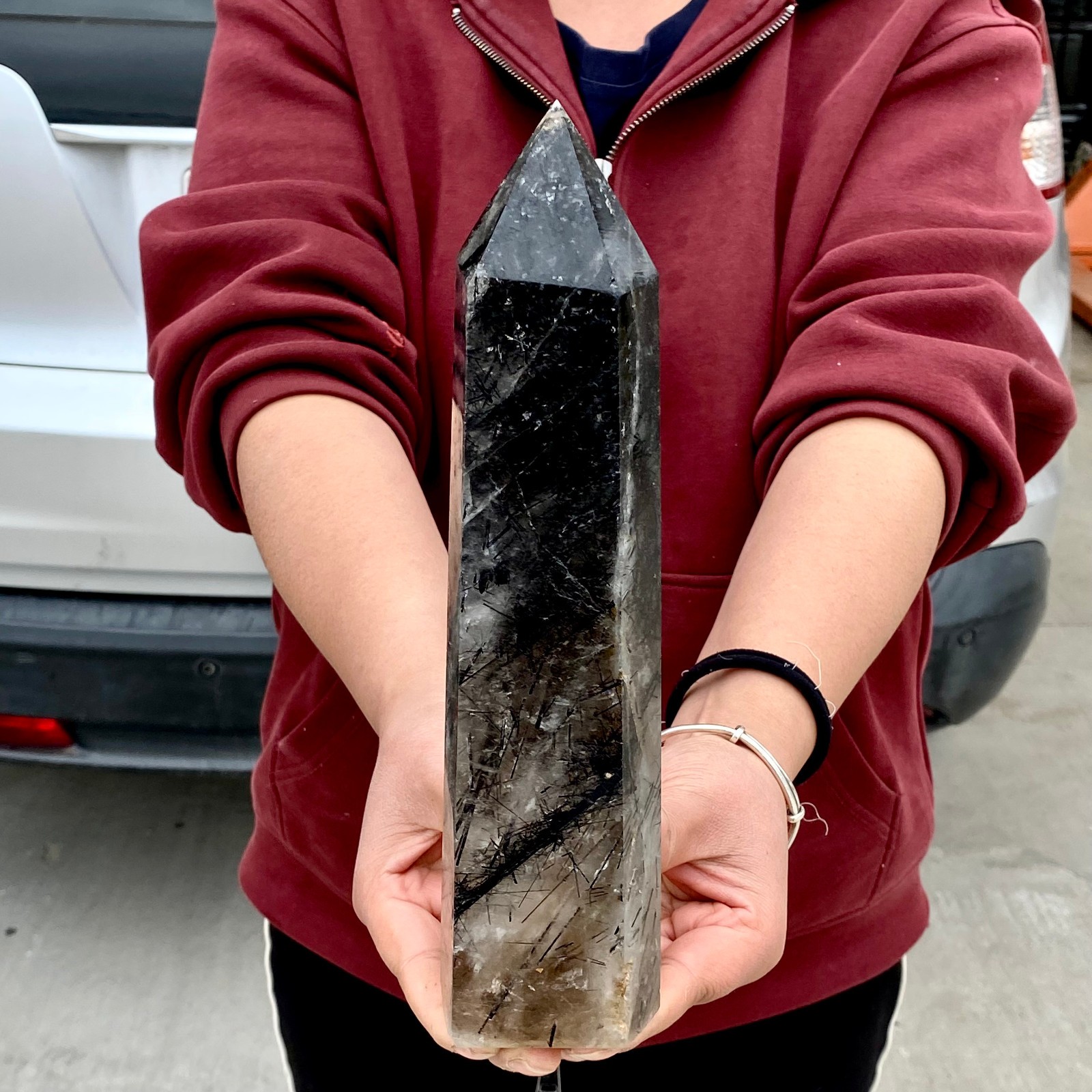 3.4LB Natural Black Hair Quartz Obelisk Crystal Energy Point Wand Reiki Decor