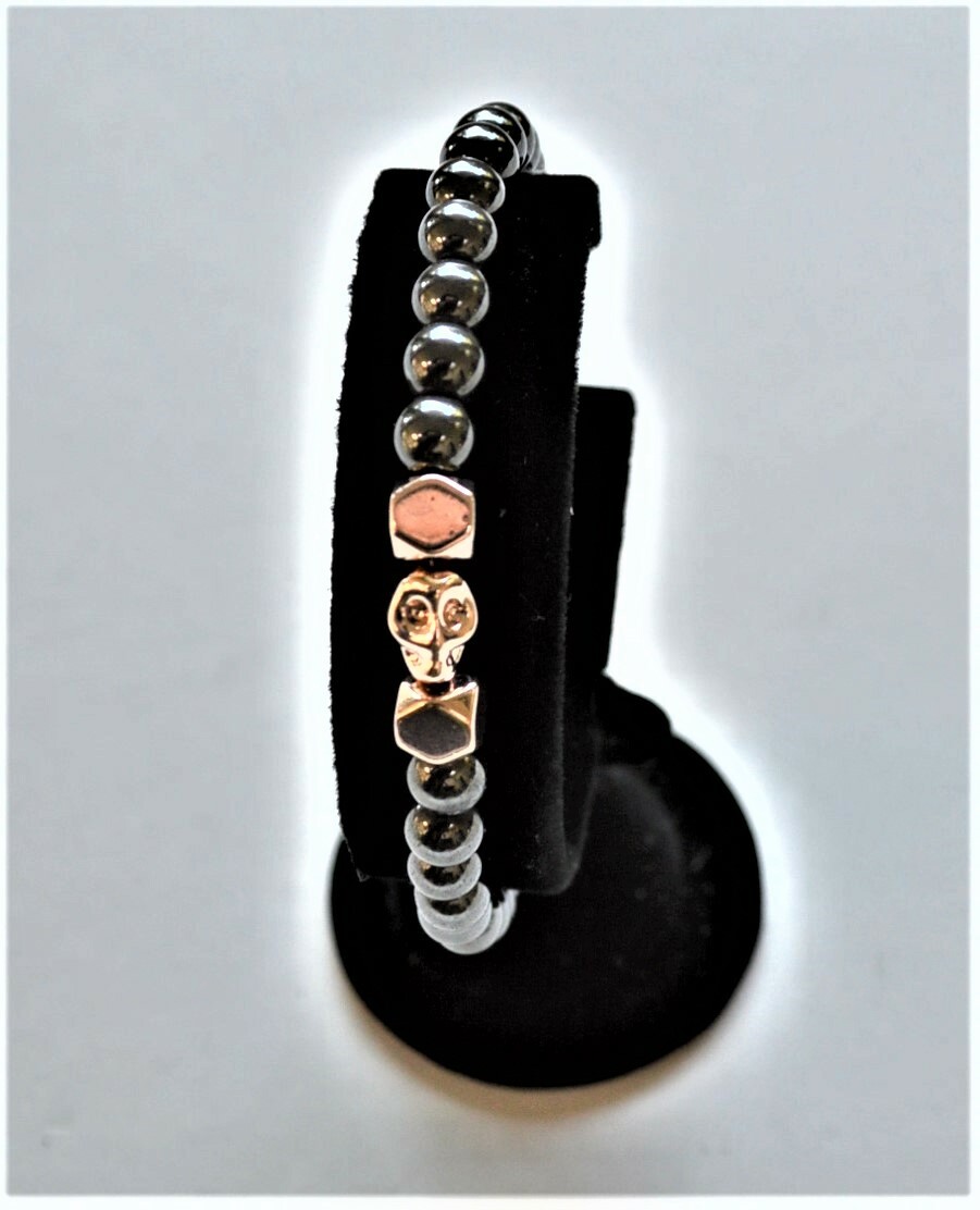 Rose Gold Skull and Black Hematite Men’s Women’s Stretch Bracelet Unisex