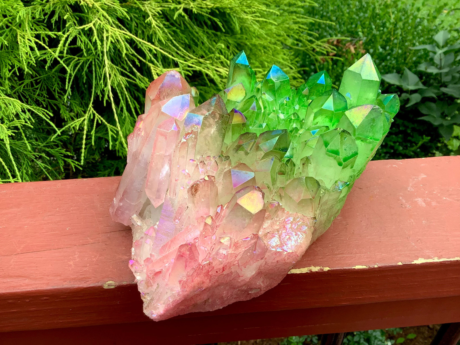 Electric Pink & Green Aura Quartz Crystal Cluster ~ Large 3 Lb. 15 oz. ~ 7″ Lon