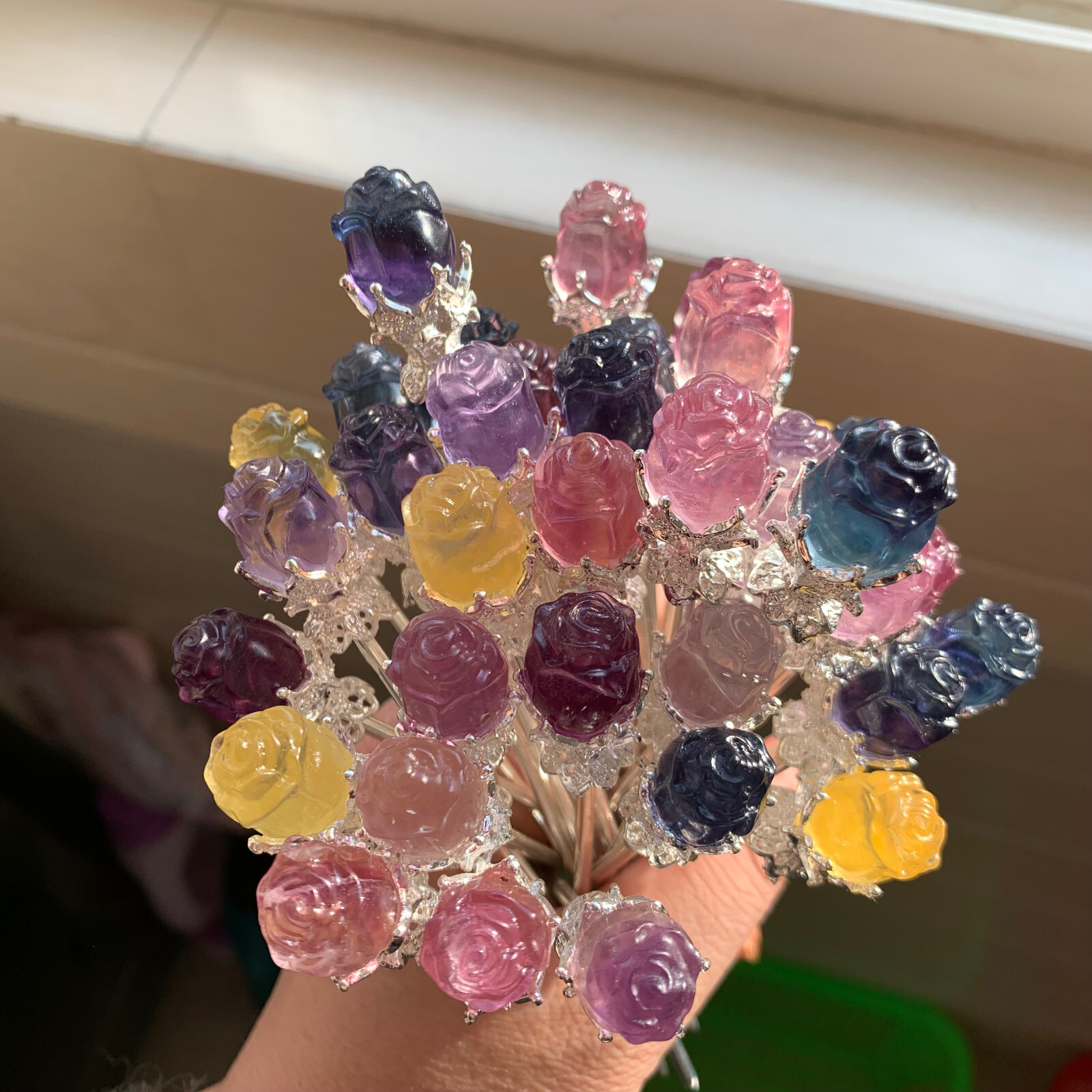 5pc Natural fluorite carved rose hairpin quartz crystal reiki healing random